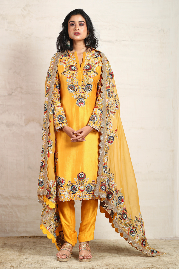 Mustard Embroidered Straight Suit Set 