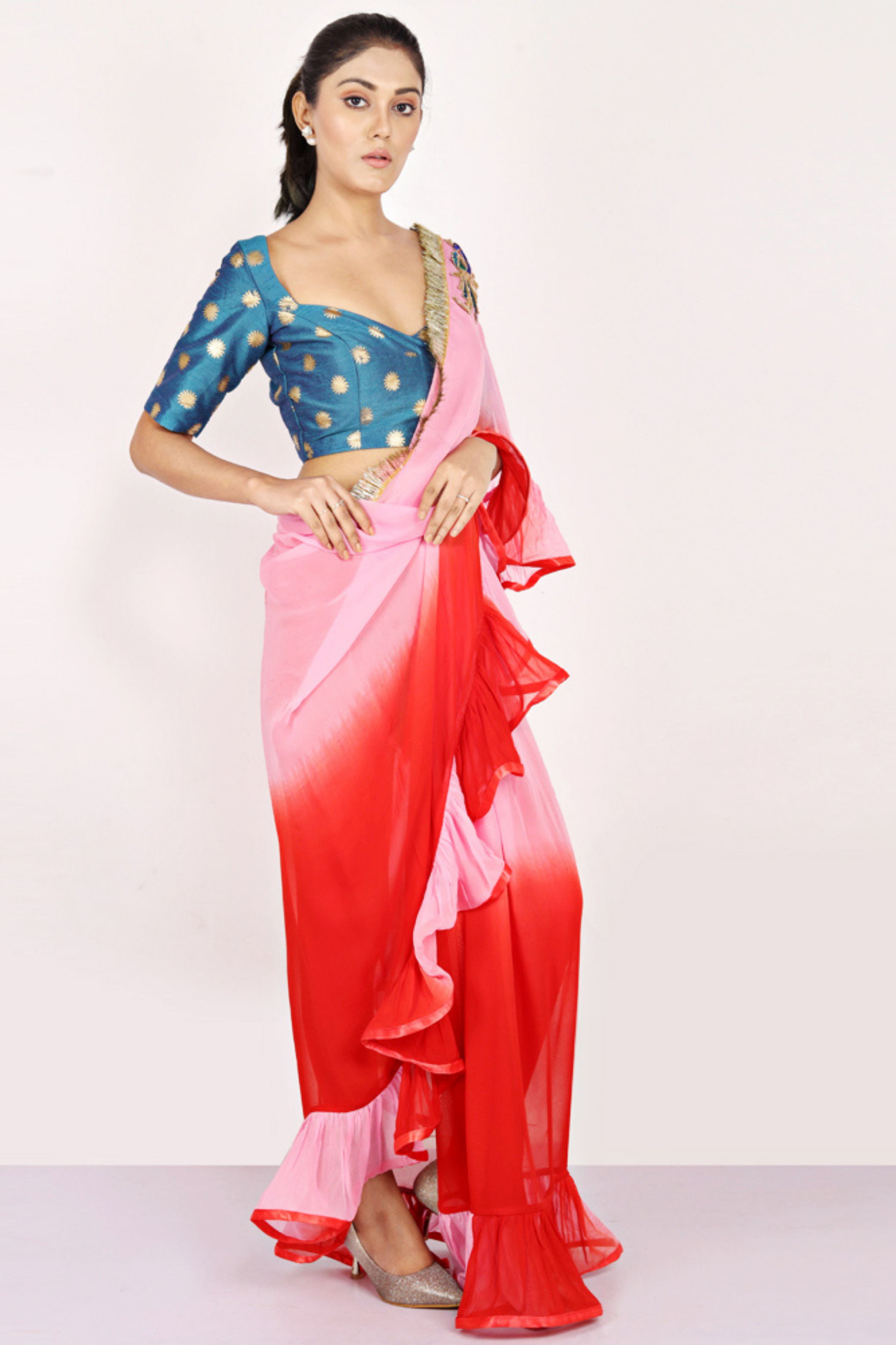 Pink Shaded Georgette Ruffled Saree