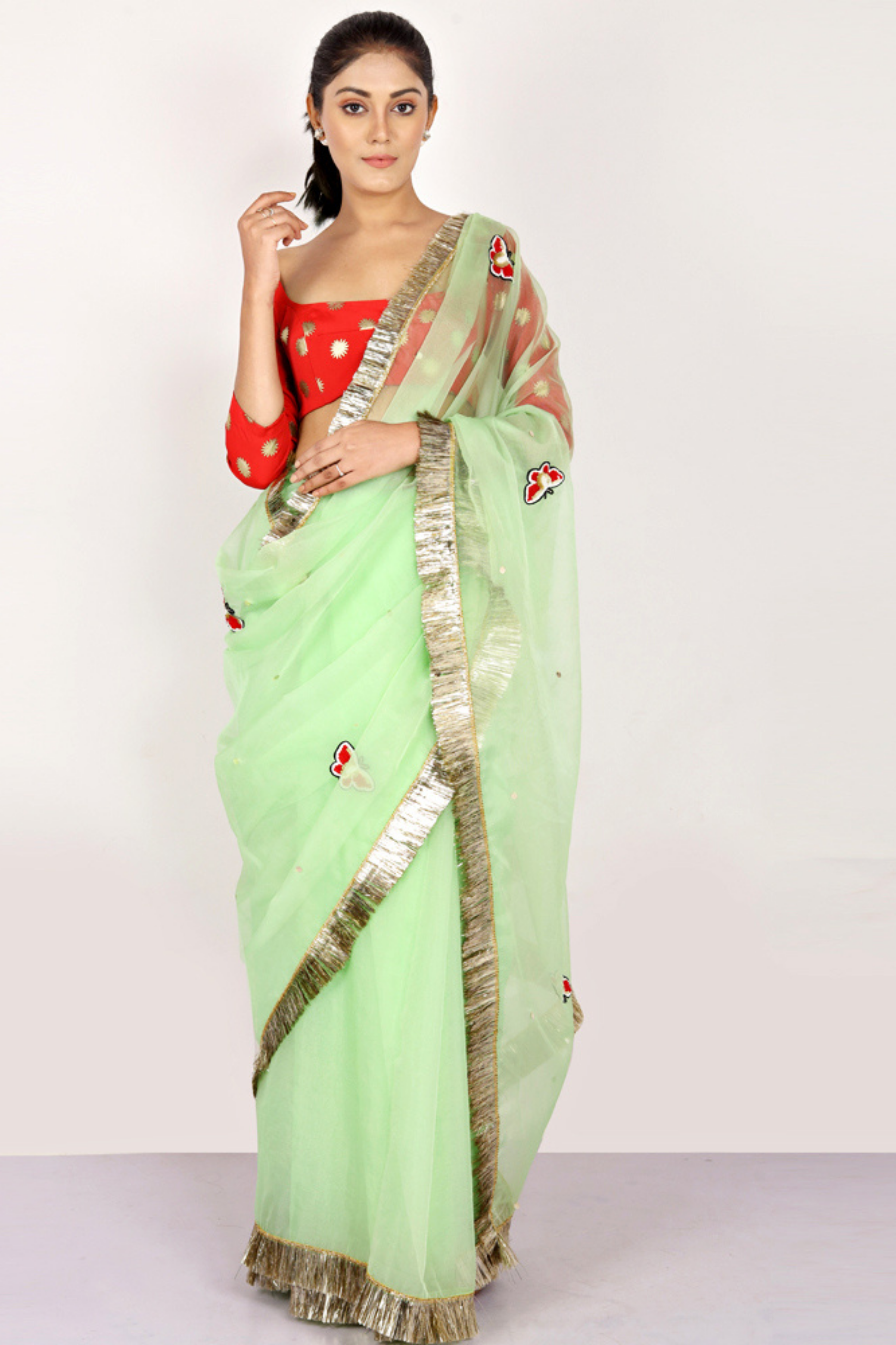 Light Green Organza Butterfly Embroidery Saree