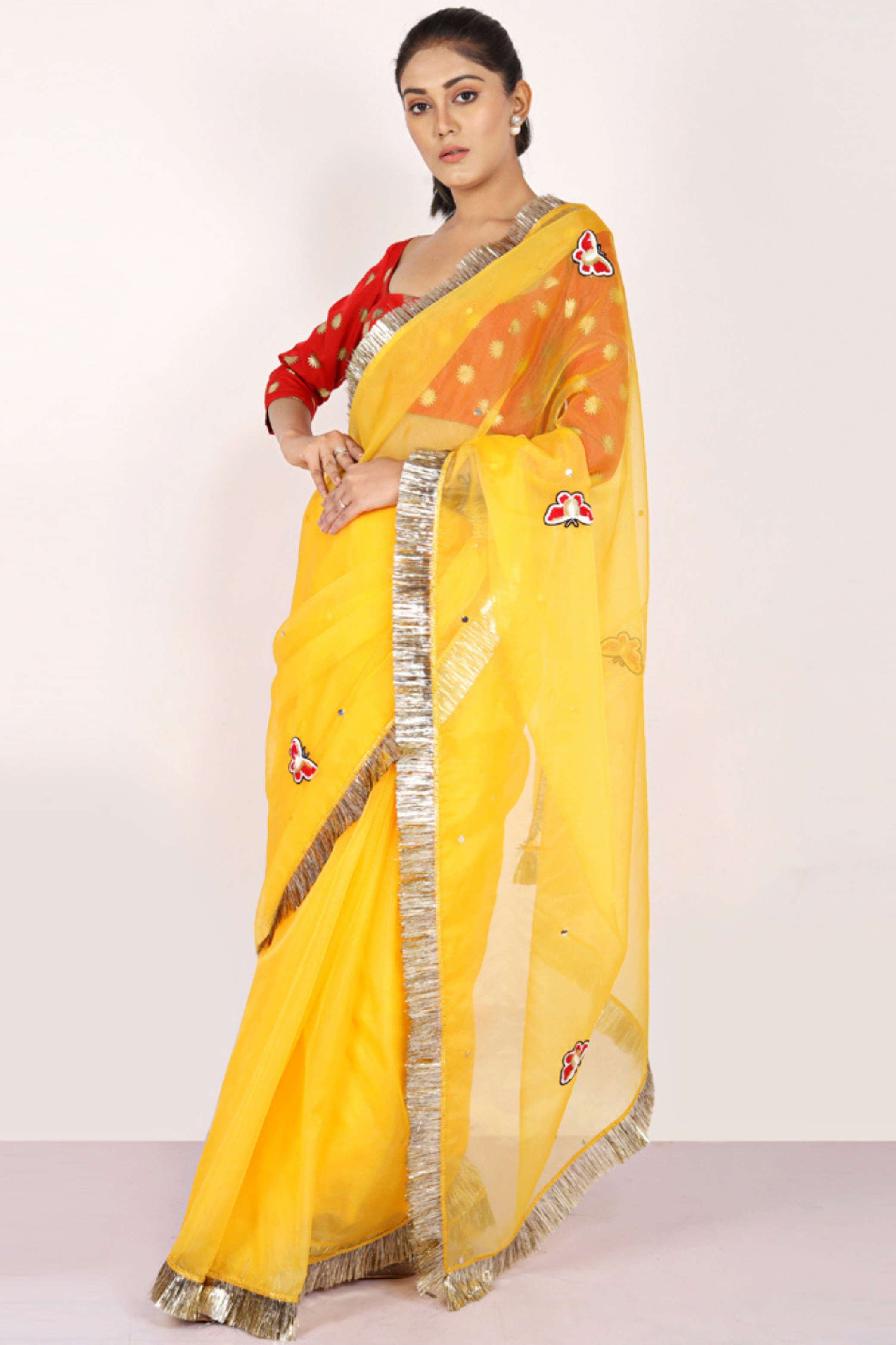 Yellow Organza Butterfly Embroidery Saree