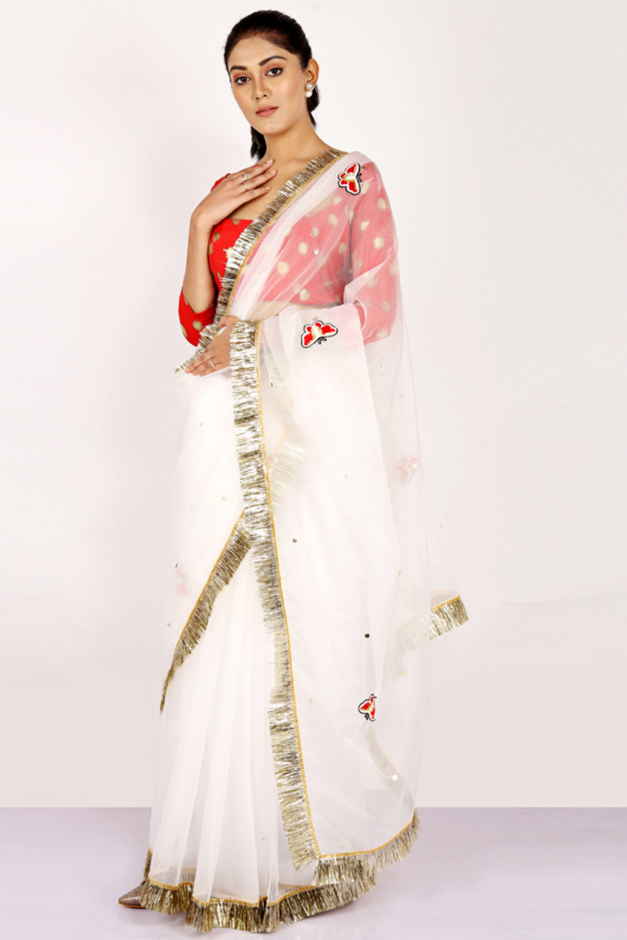 White Organza Butterfly Embroidery Saree