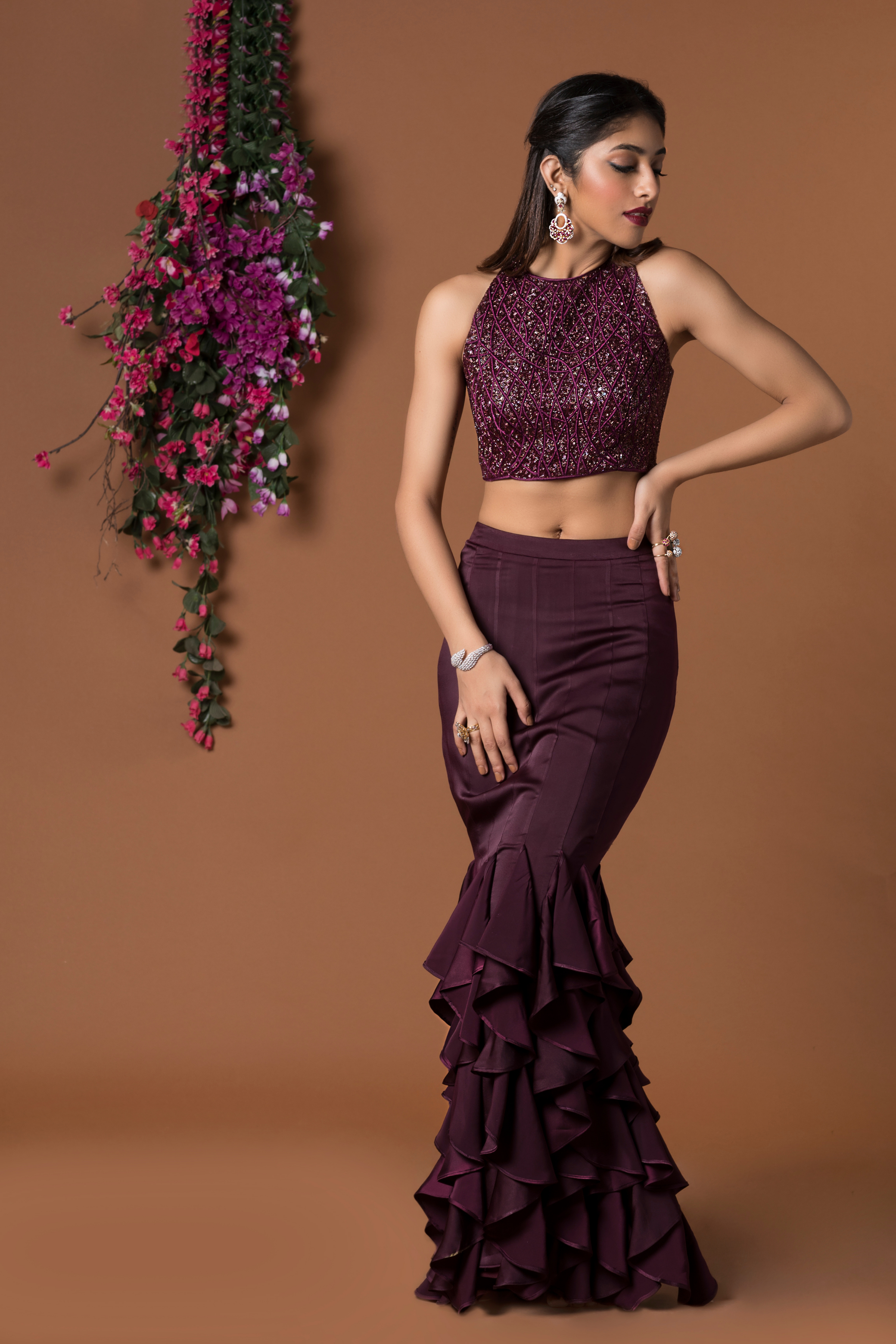 Wine Embellished Ruffle Skirt and Crop Top Set
