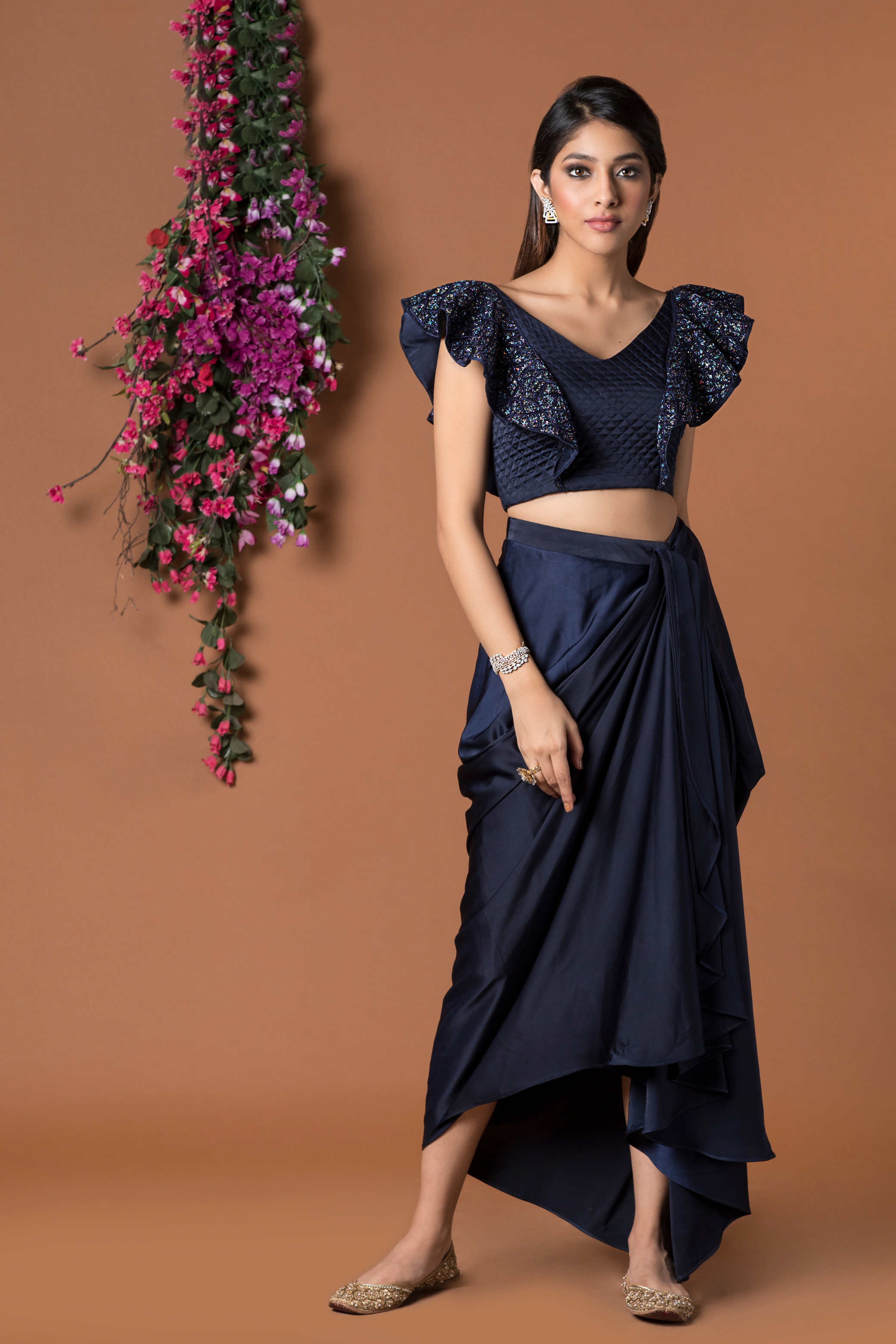 Navy Blue Embellished Draped Skirt with Ruffled Crop Top