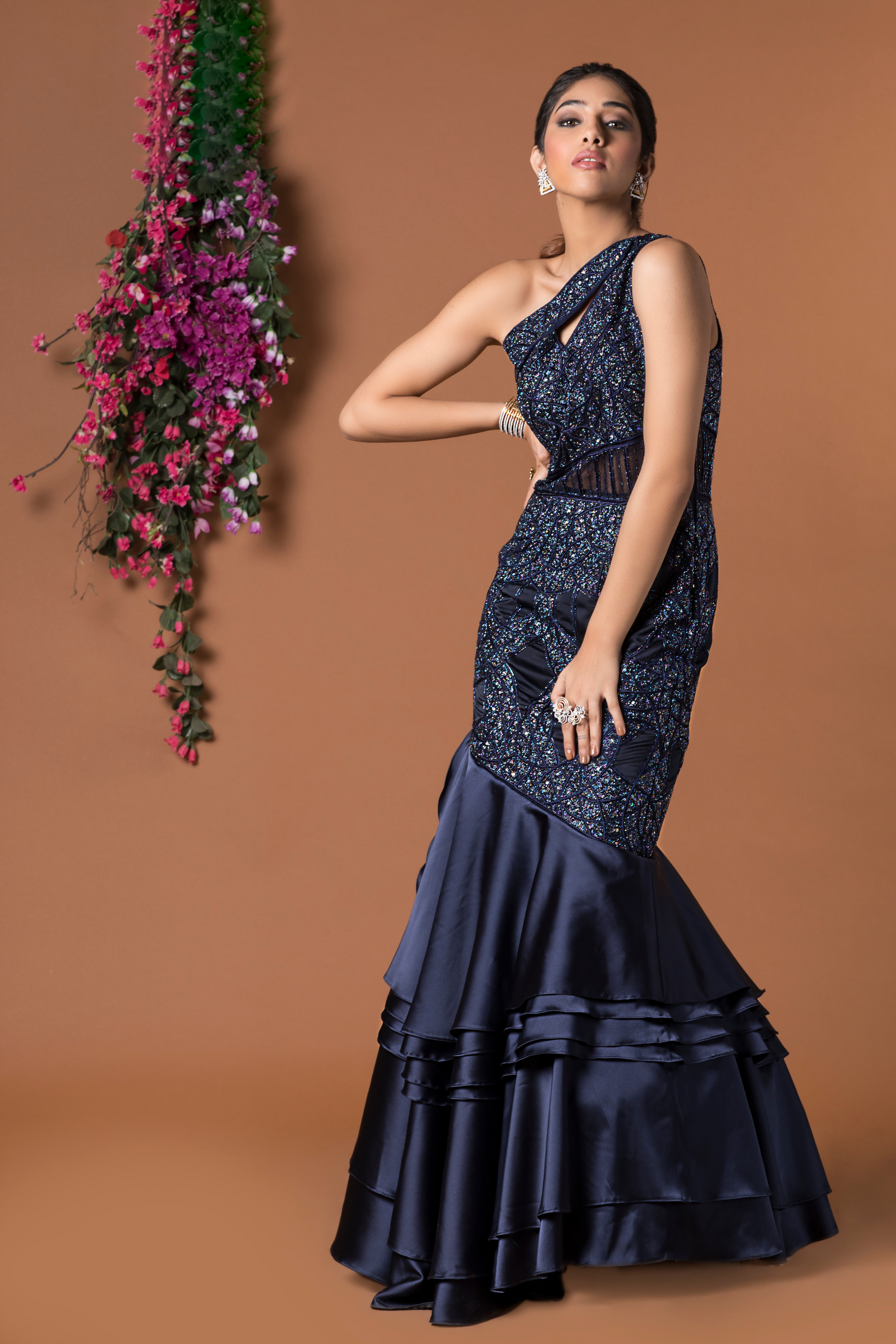 Navy Blue Embellished Ruffled Gown
