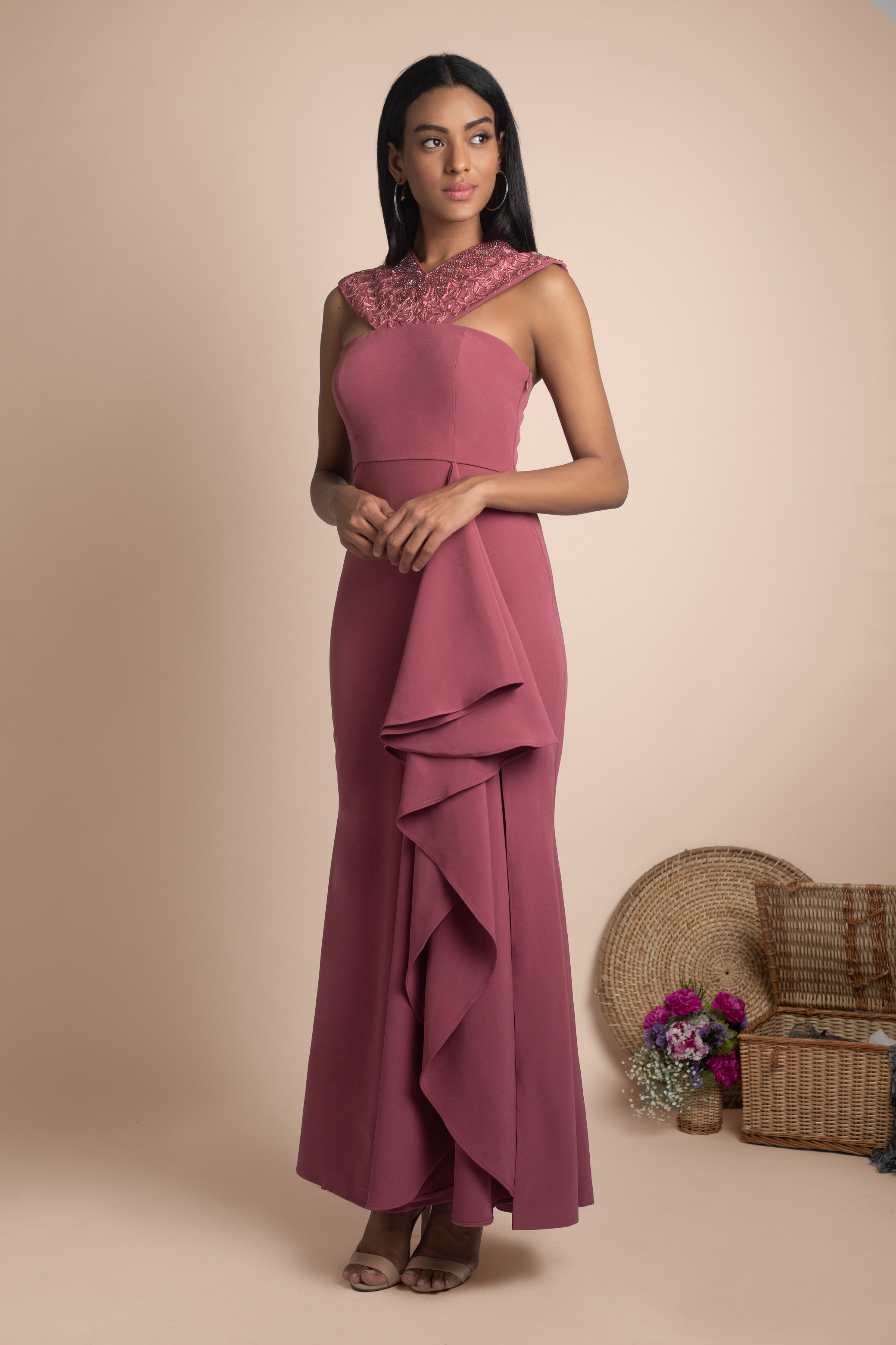 Rose Pink Embellished Layered Gown