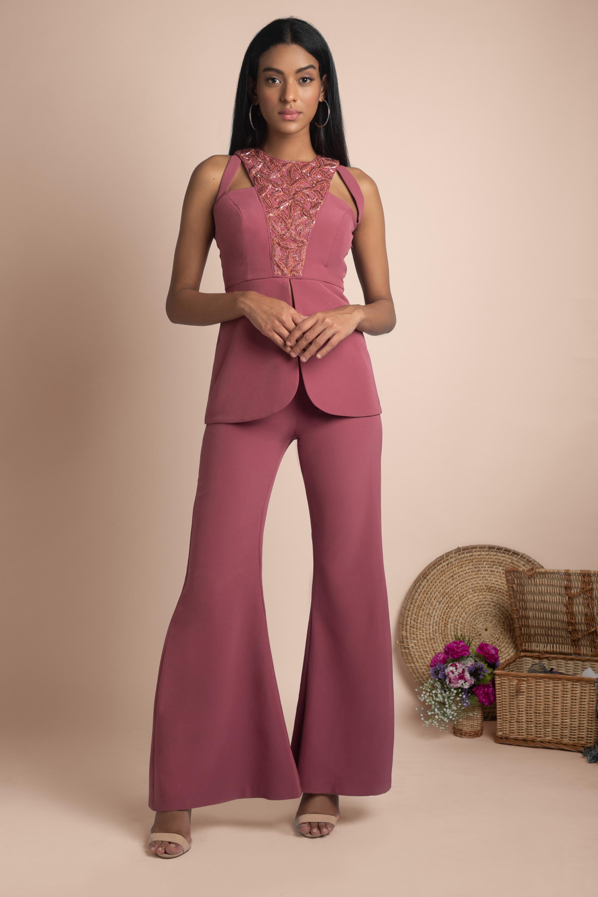 Pink Embroidered Pant Suit