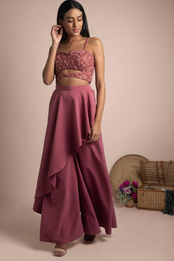 Rose Pink Embroidered Draped Pant and Crop Top Set