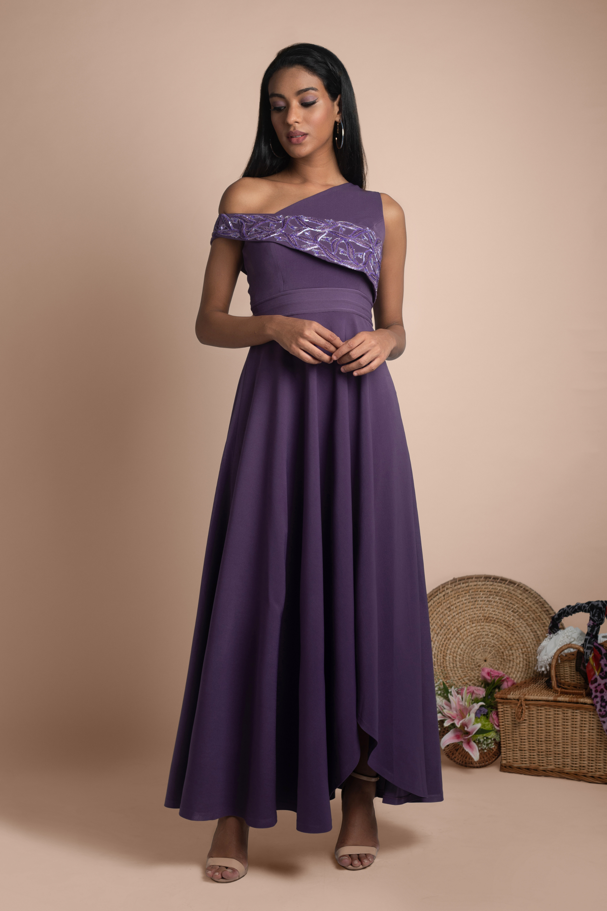 Purple One-Shoulder Embroidered Gown