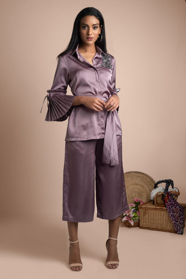Purple Front Tie-up Embroidered Co-ord Set