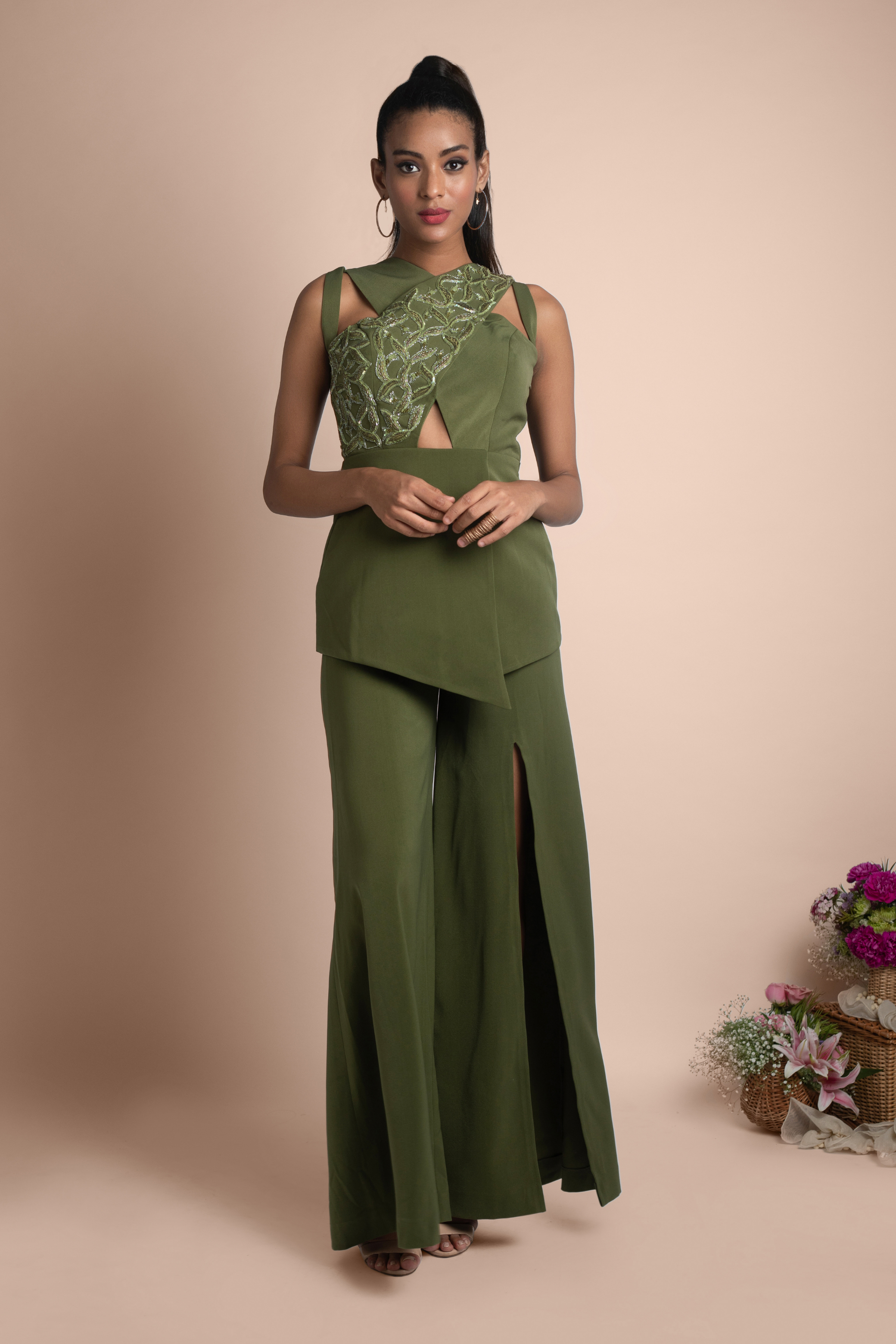 Green Embroidered Crossbody Pant Suit