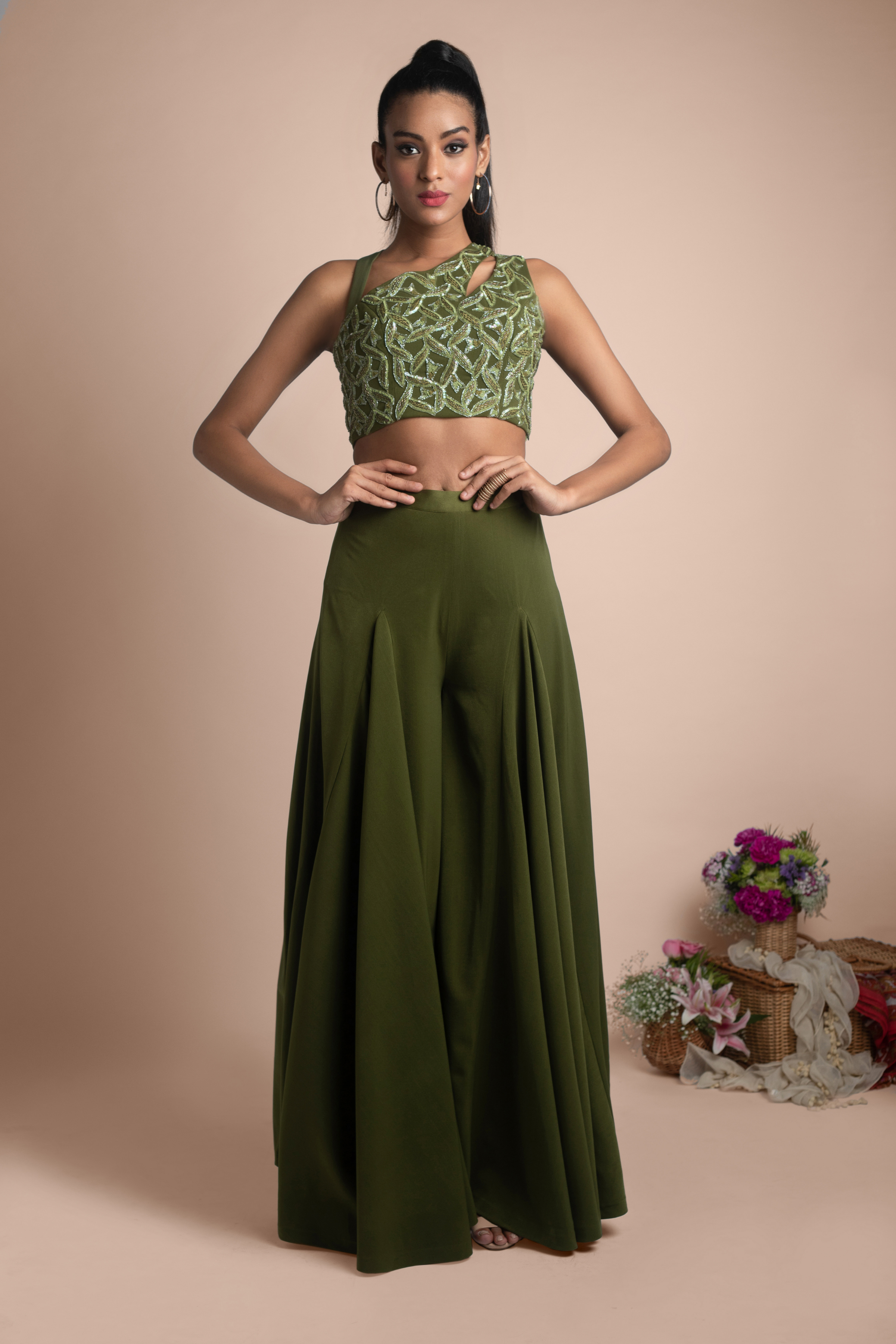Green Embroidered Draped Pant and Crop Top Set