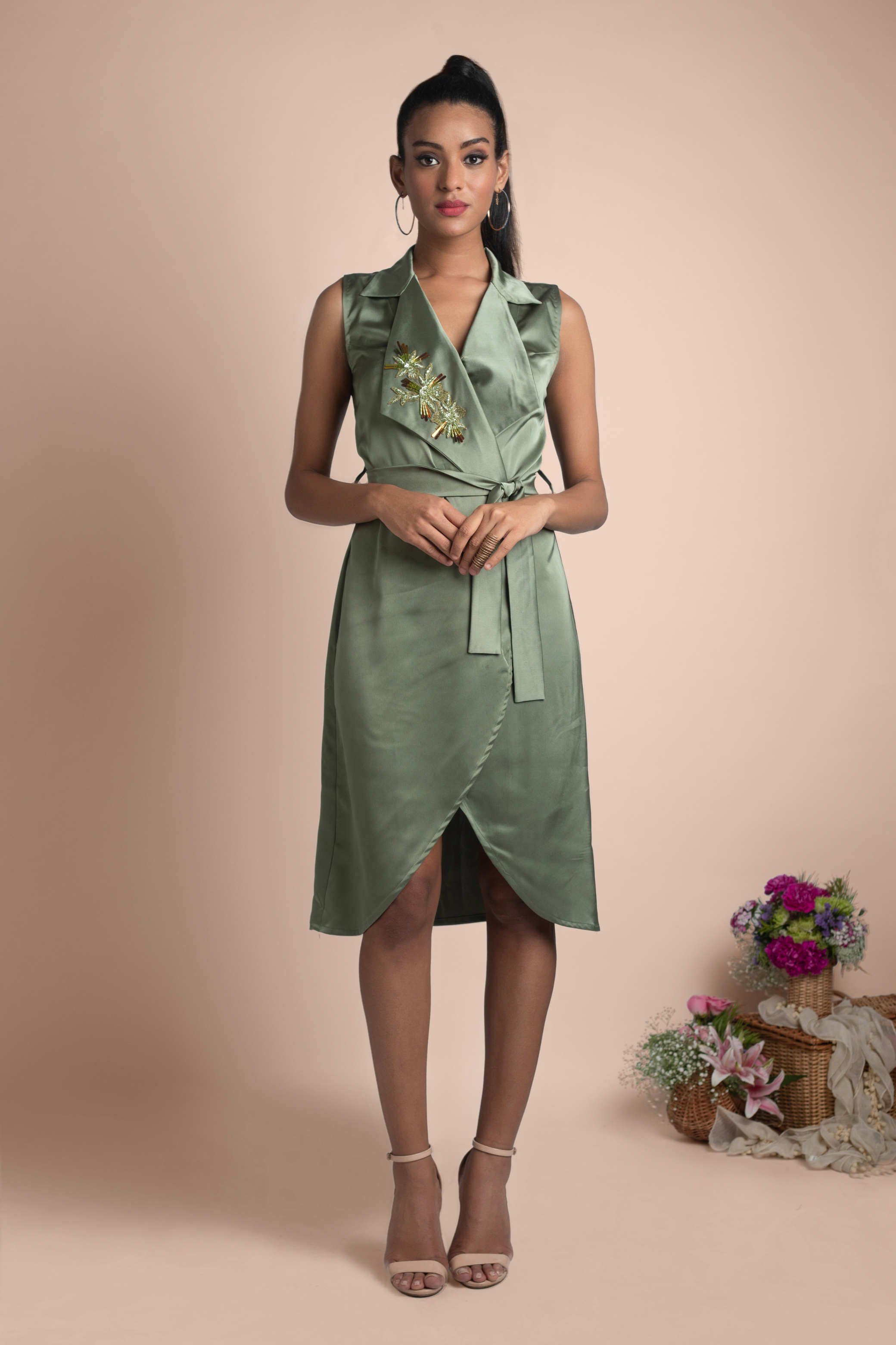 Green Front Tie Up Embellished Trench Dress