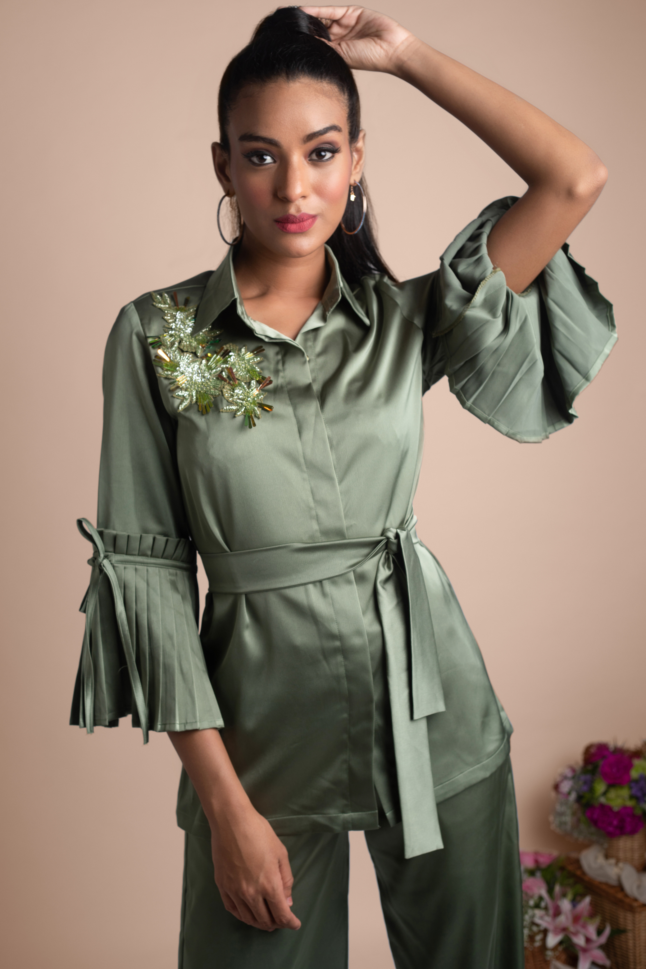 Green Front Tie -up Embroidered Shirt