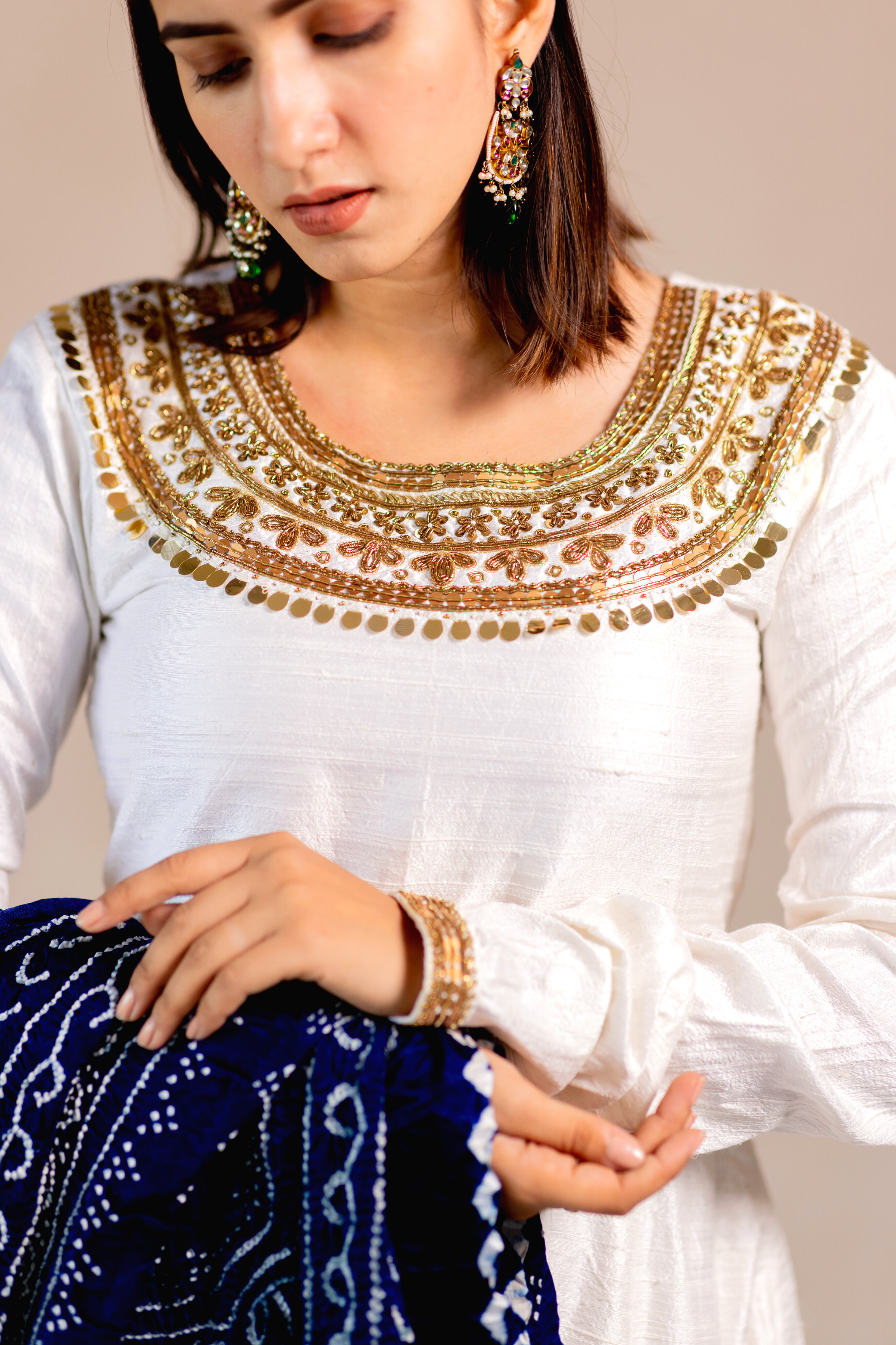 White Embroidered Anarkali with Blue Bandhej Dupatta
