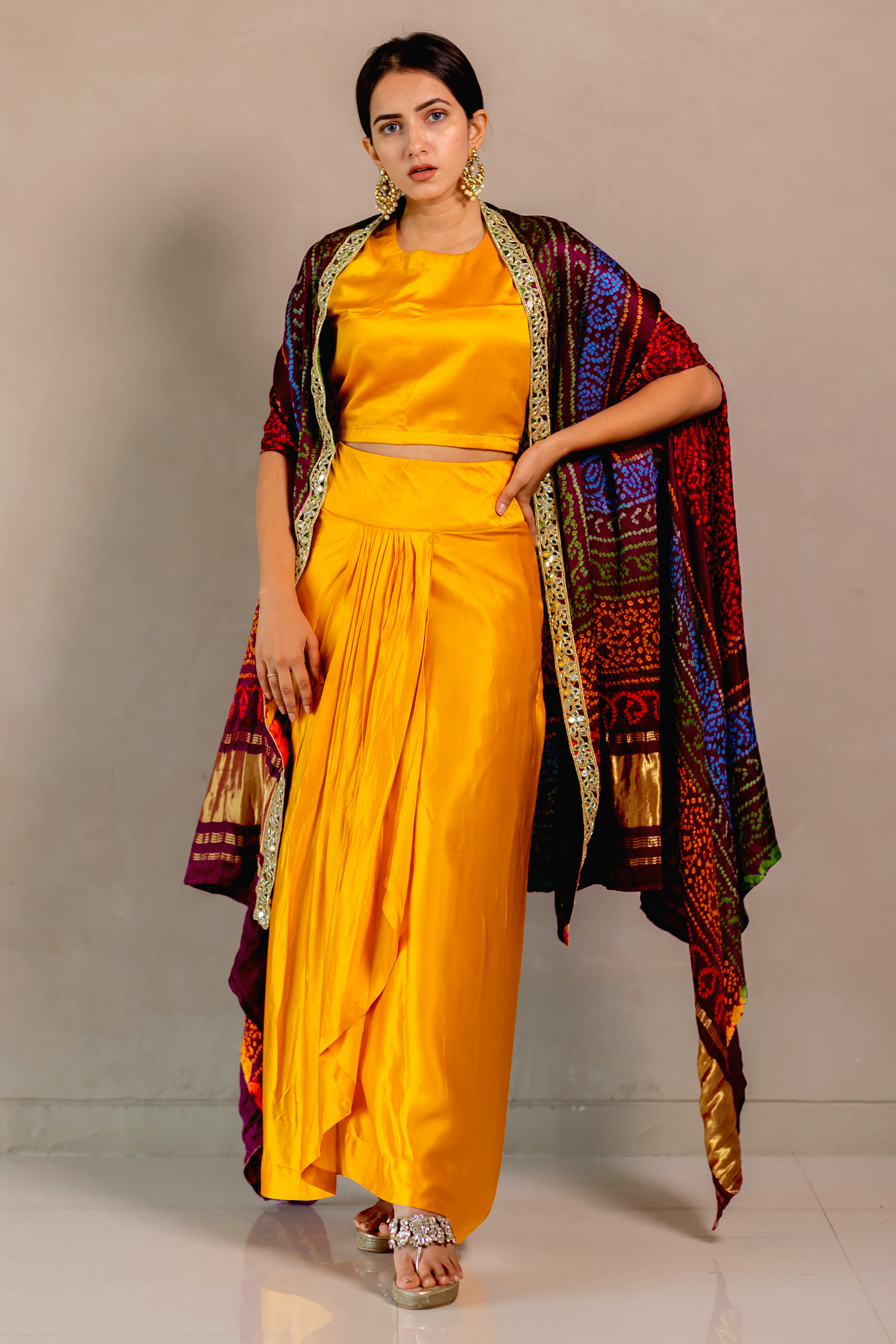 Yellow Crop Top and Skirt Set with a Multicolour Bandhej Cape