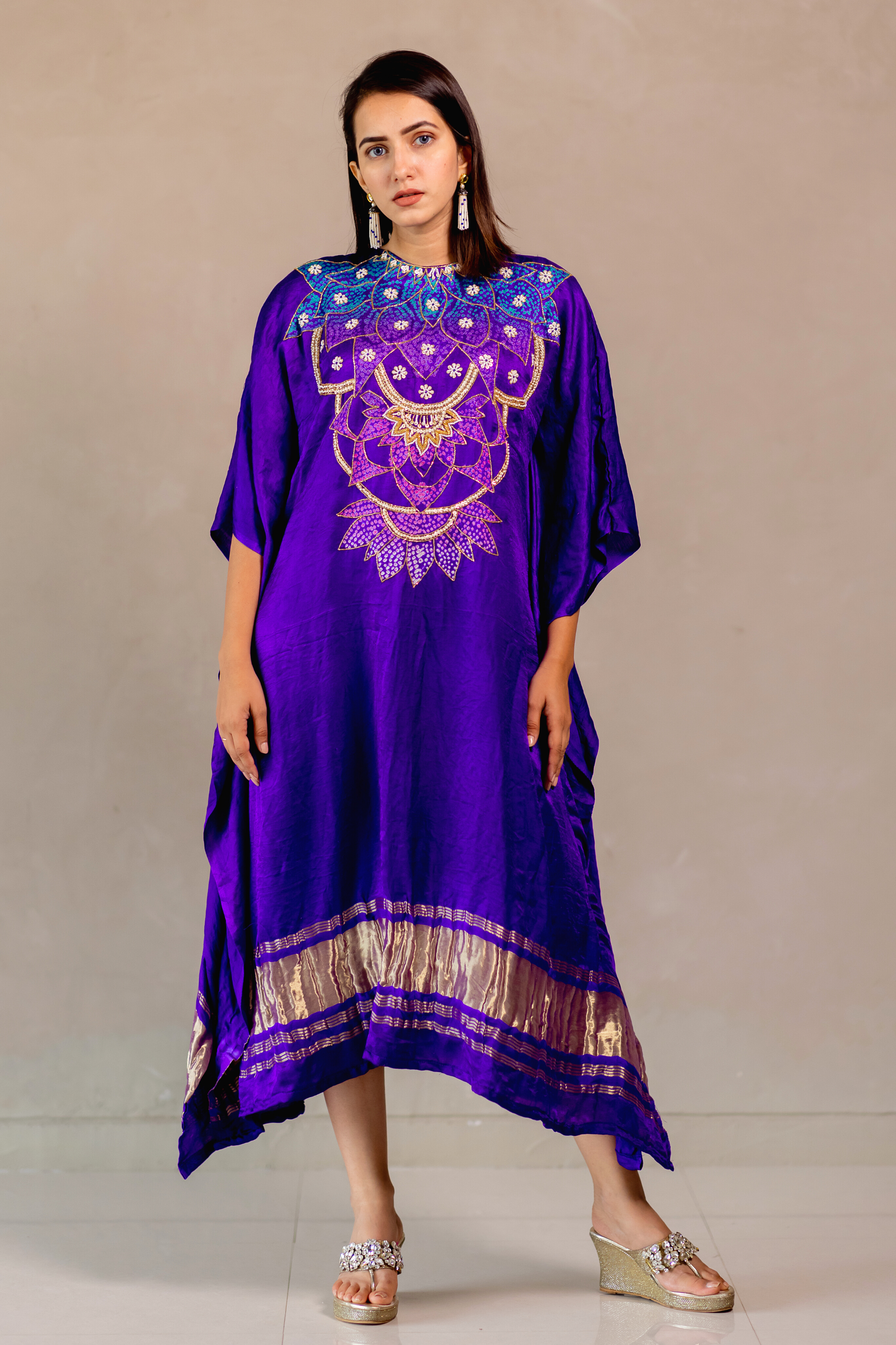 Purple Embroidered Bandhej Kaftan