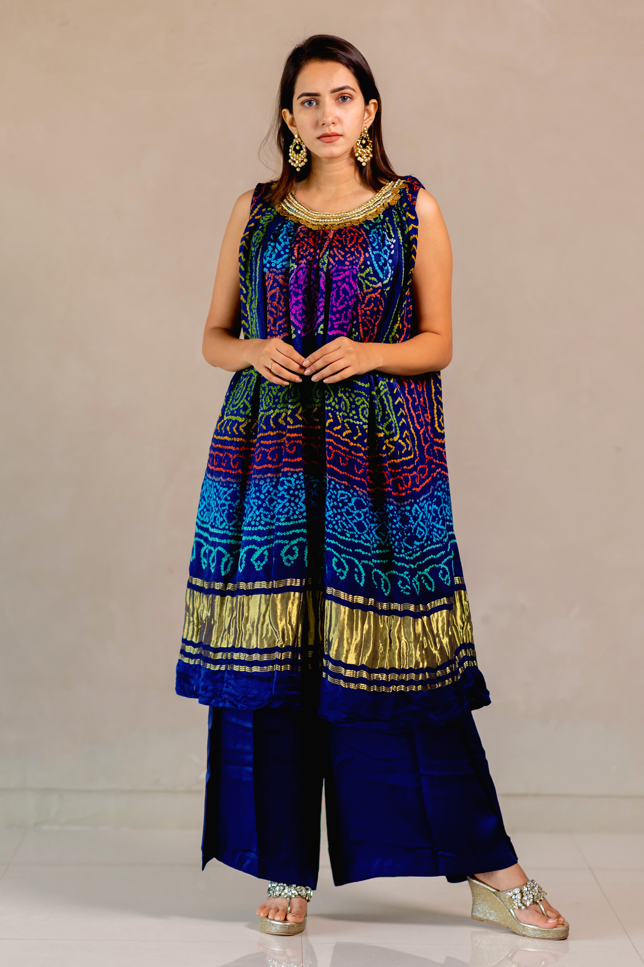 Blue Embroidered Bandhej Kurta Suit  