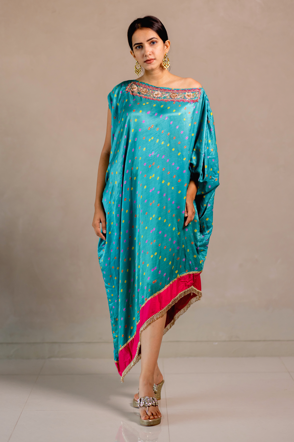 Turquoise Blue Embroidered Off-Shoulder Bandhej Kaftan 
