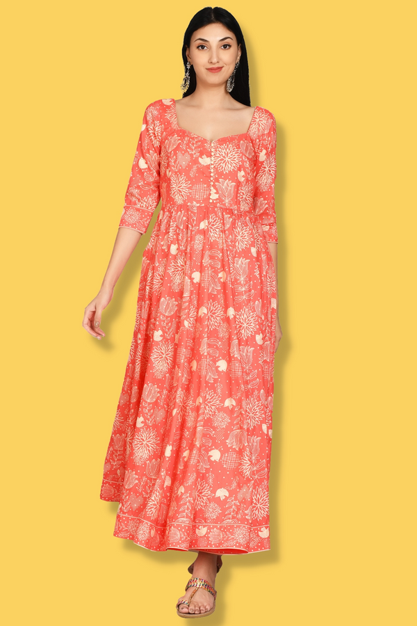  Printed Orange Anarkali Set - Blossom