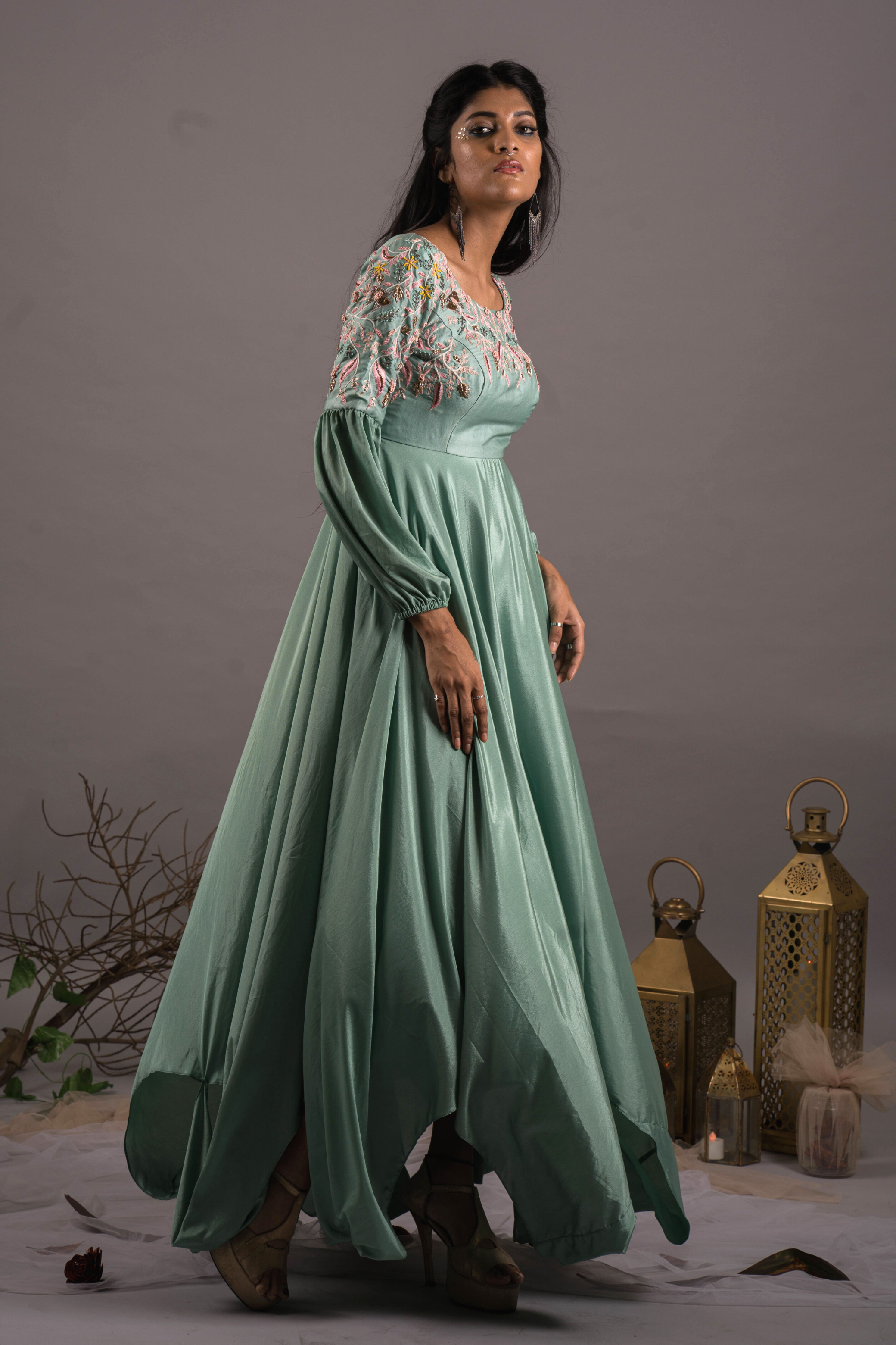 Embroidered  Green Gown