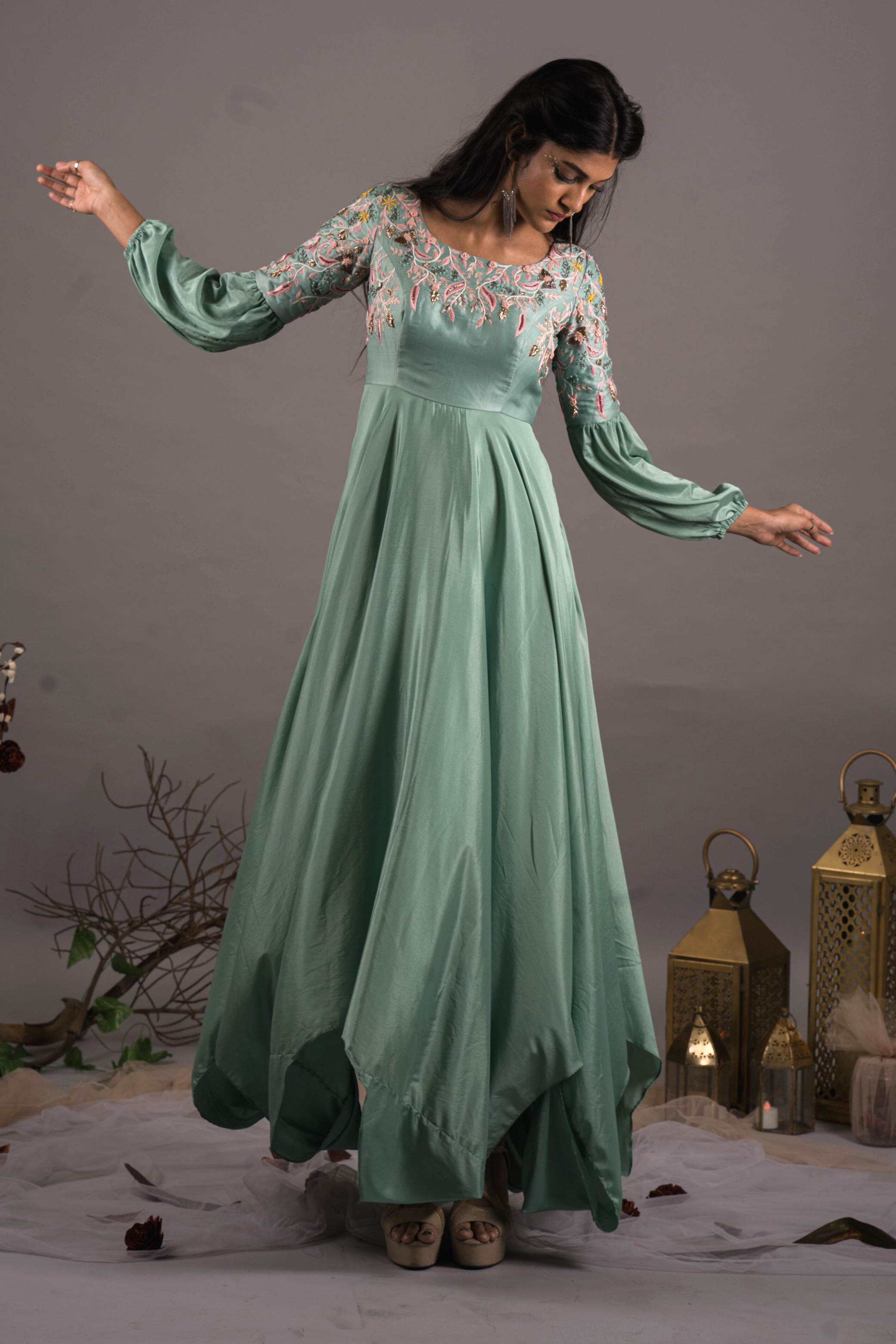 Embroidered  Asymmetrical Green Gown