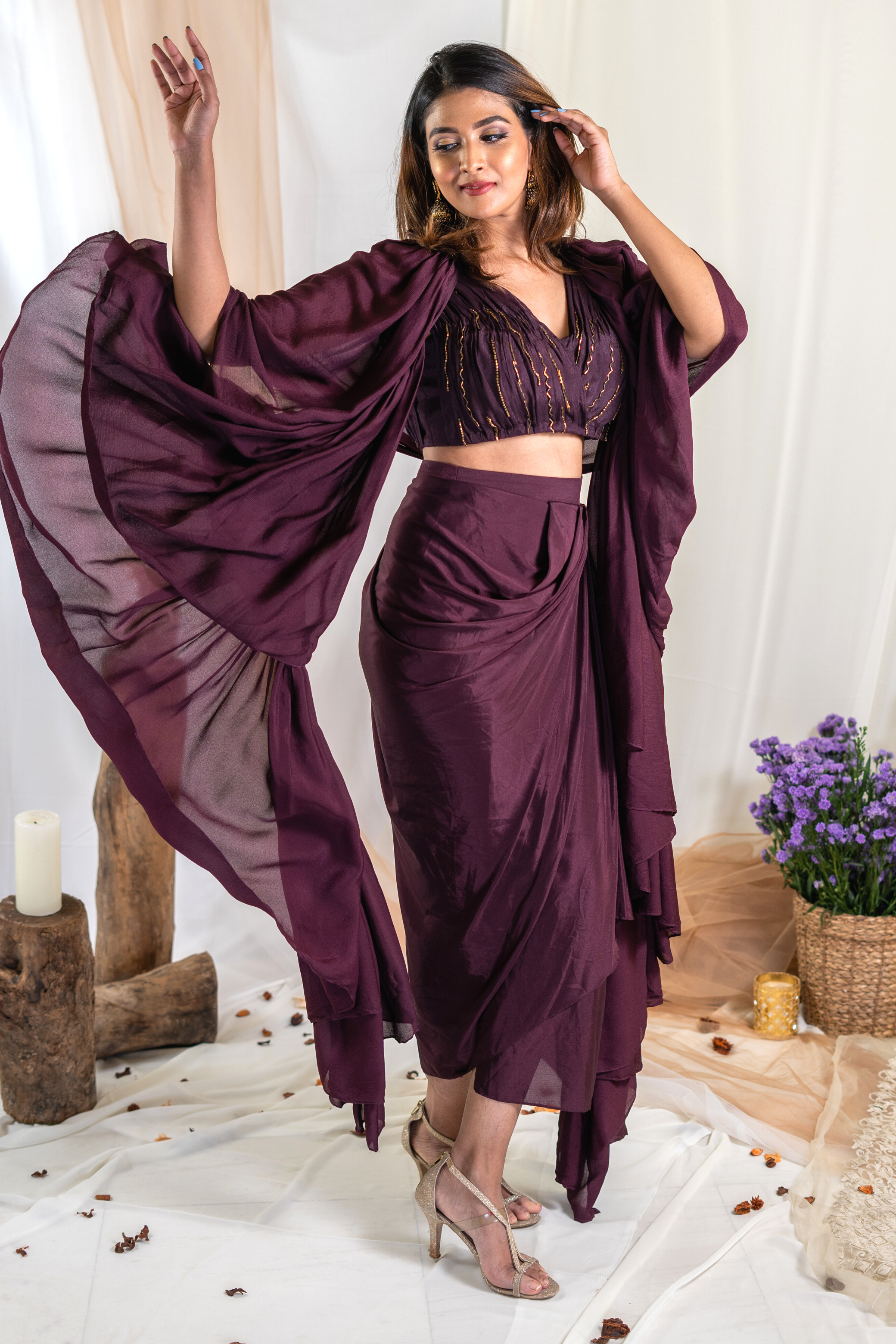 Embroidered Wine Co-ord Set With Cape