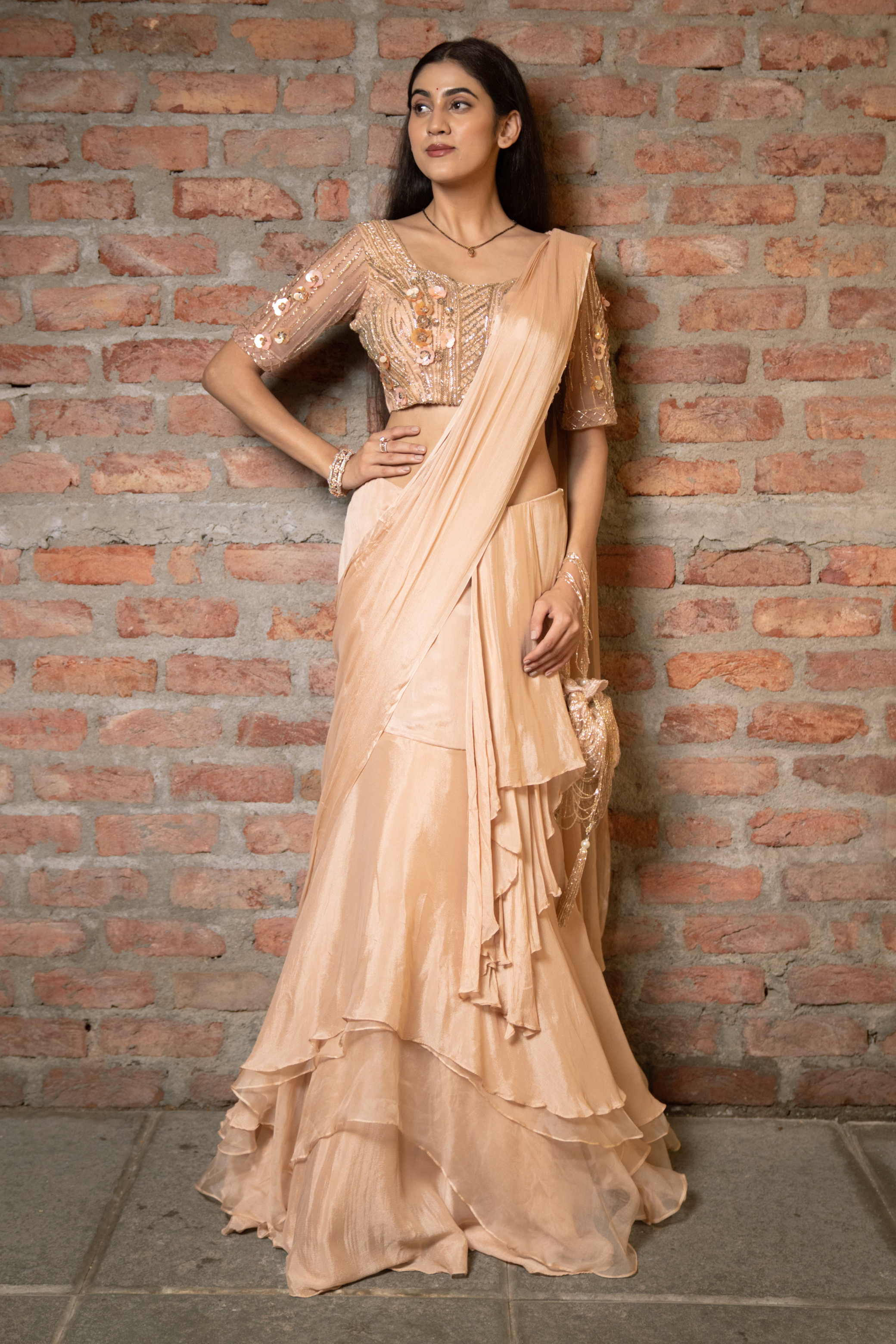 Layered Beige Draped Saree with Embroidery