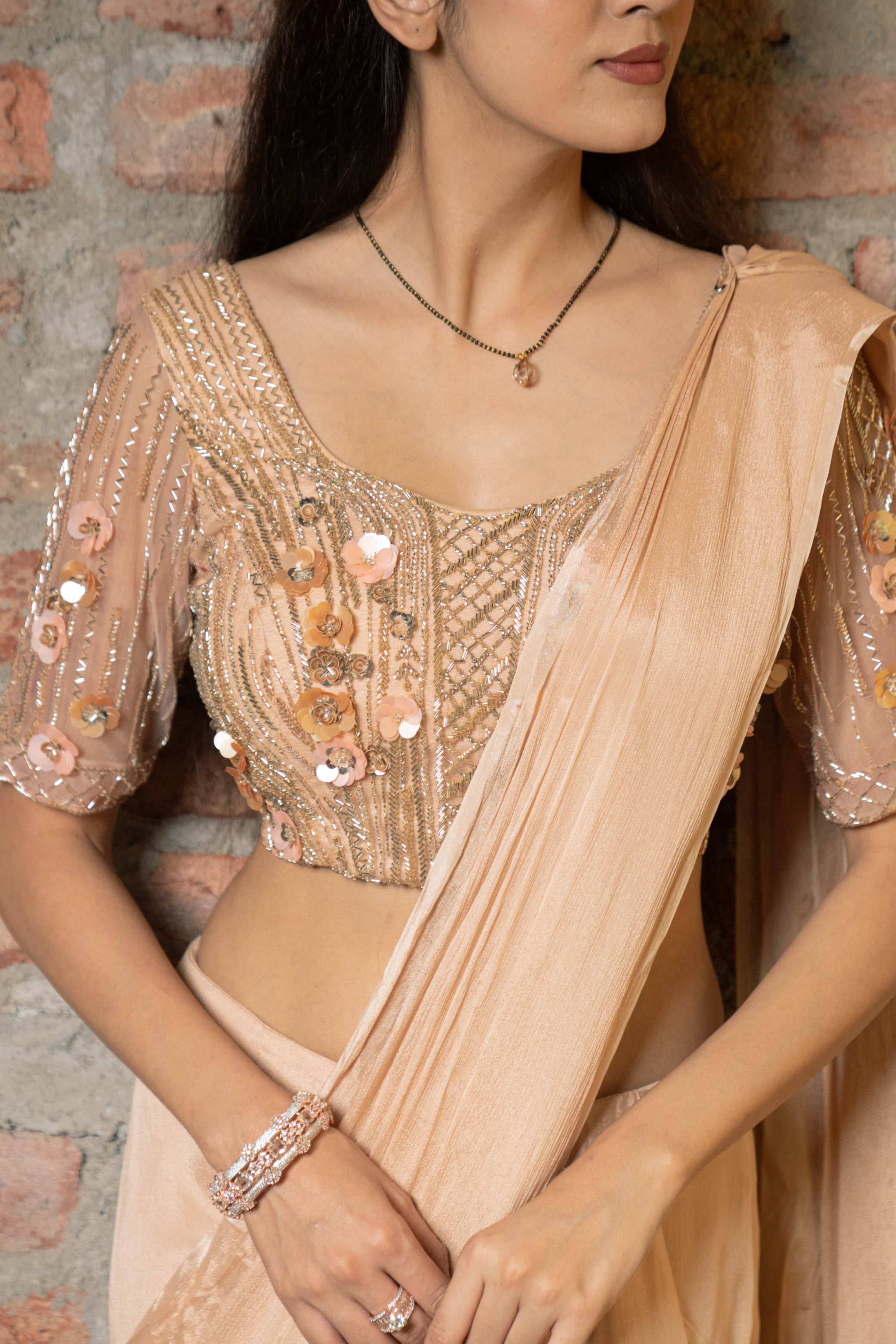 Layered Beige Draped Saree with Embroidery