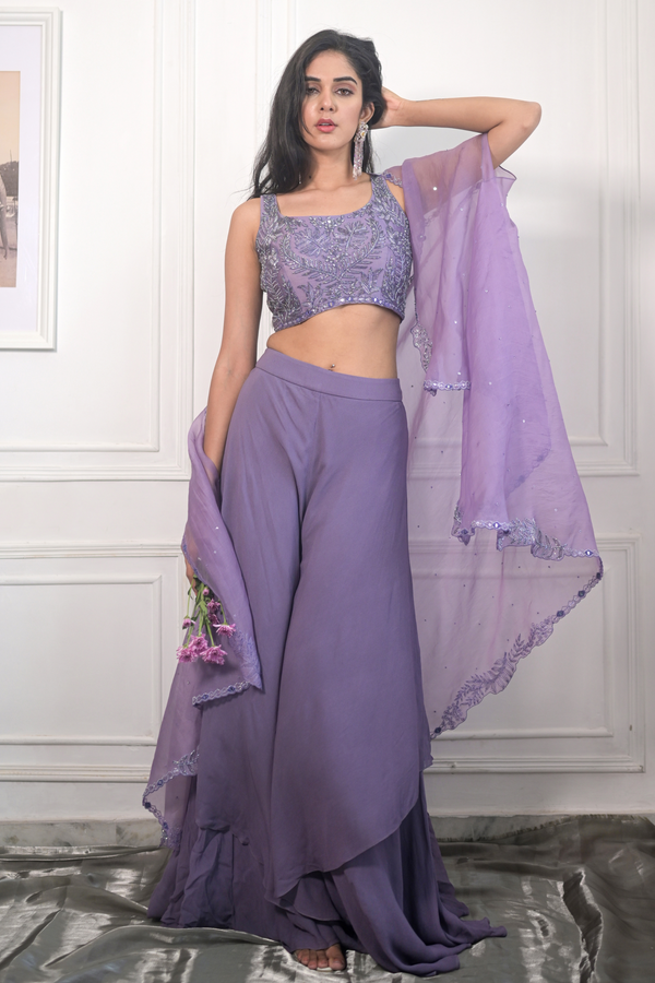 Embroidered Purple Palazzo Set with Cape