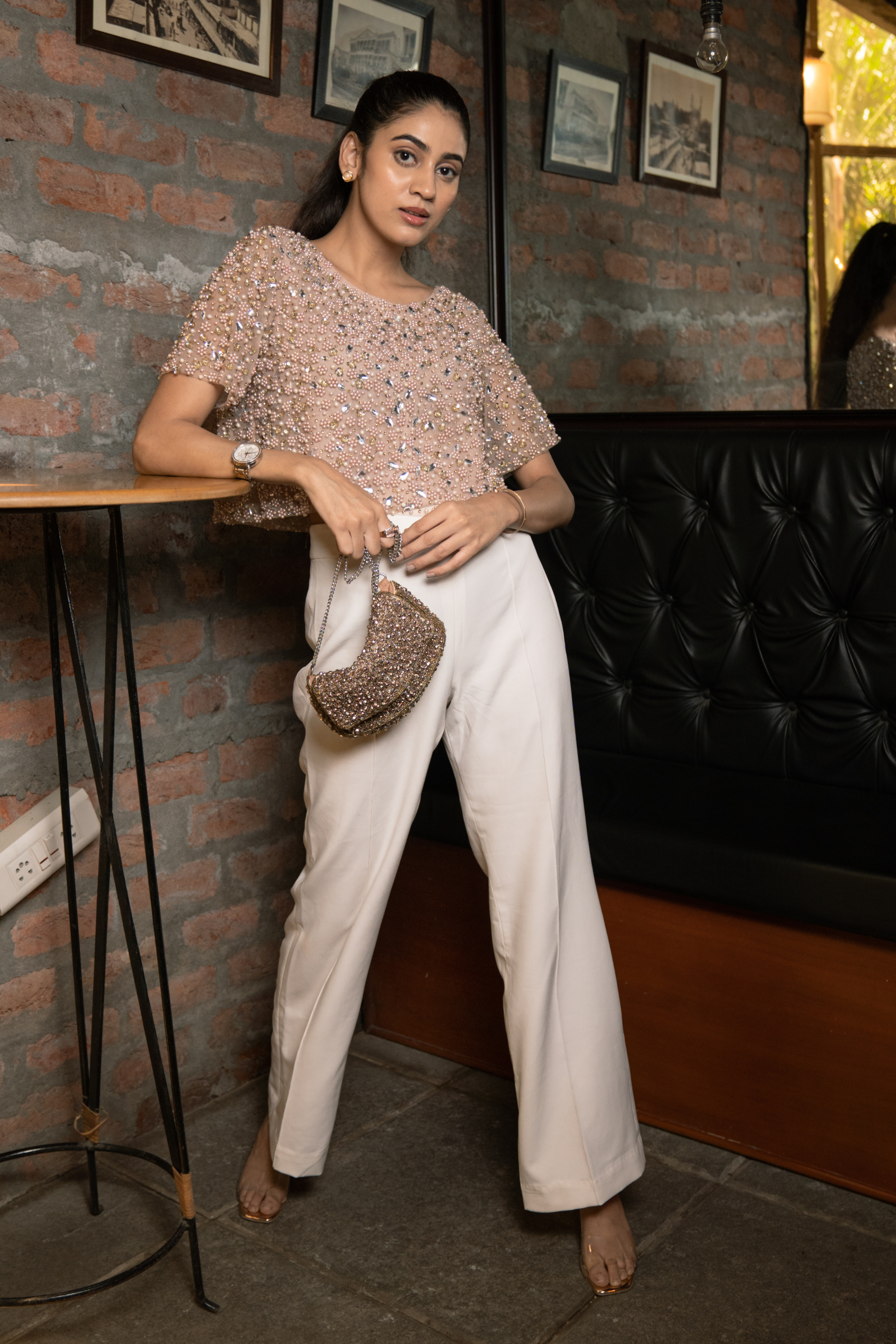 Embellished Beige Top and White Trouser Set