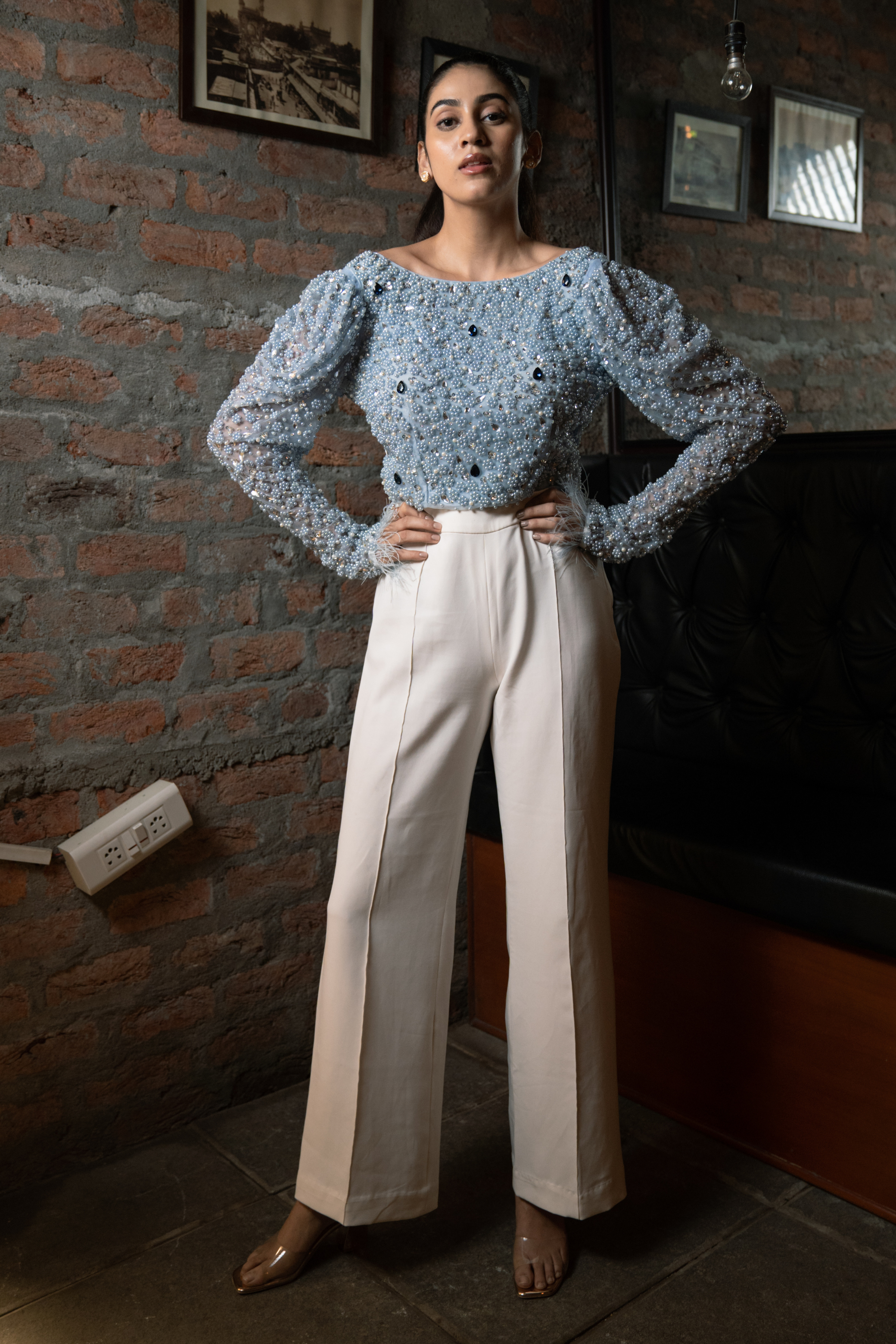 Embellished Blue Top and White Trouser Set