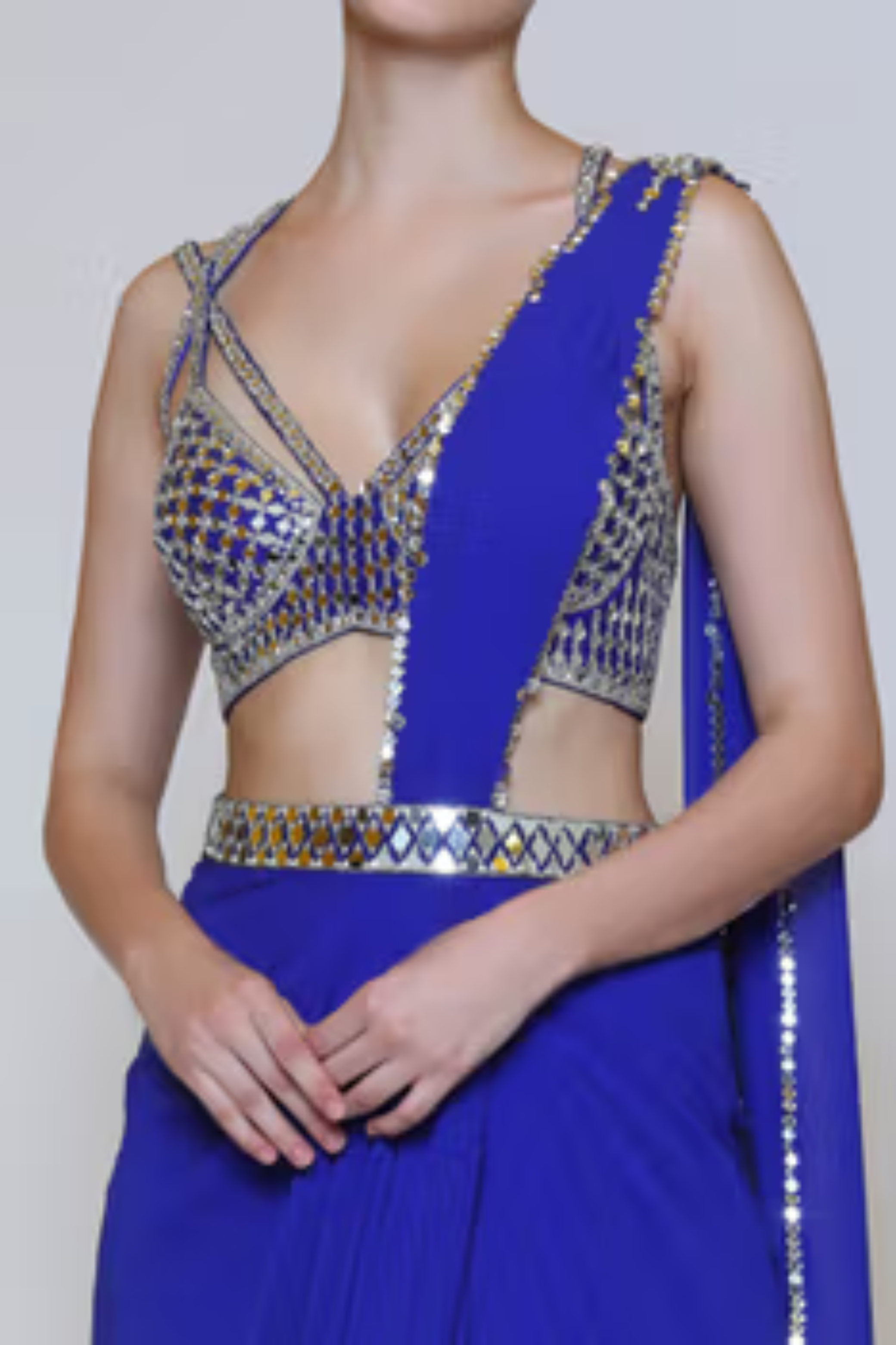 blue saree with mirror work blouse