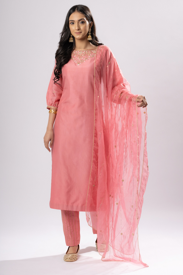Pink Kurti Set with Embroidery