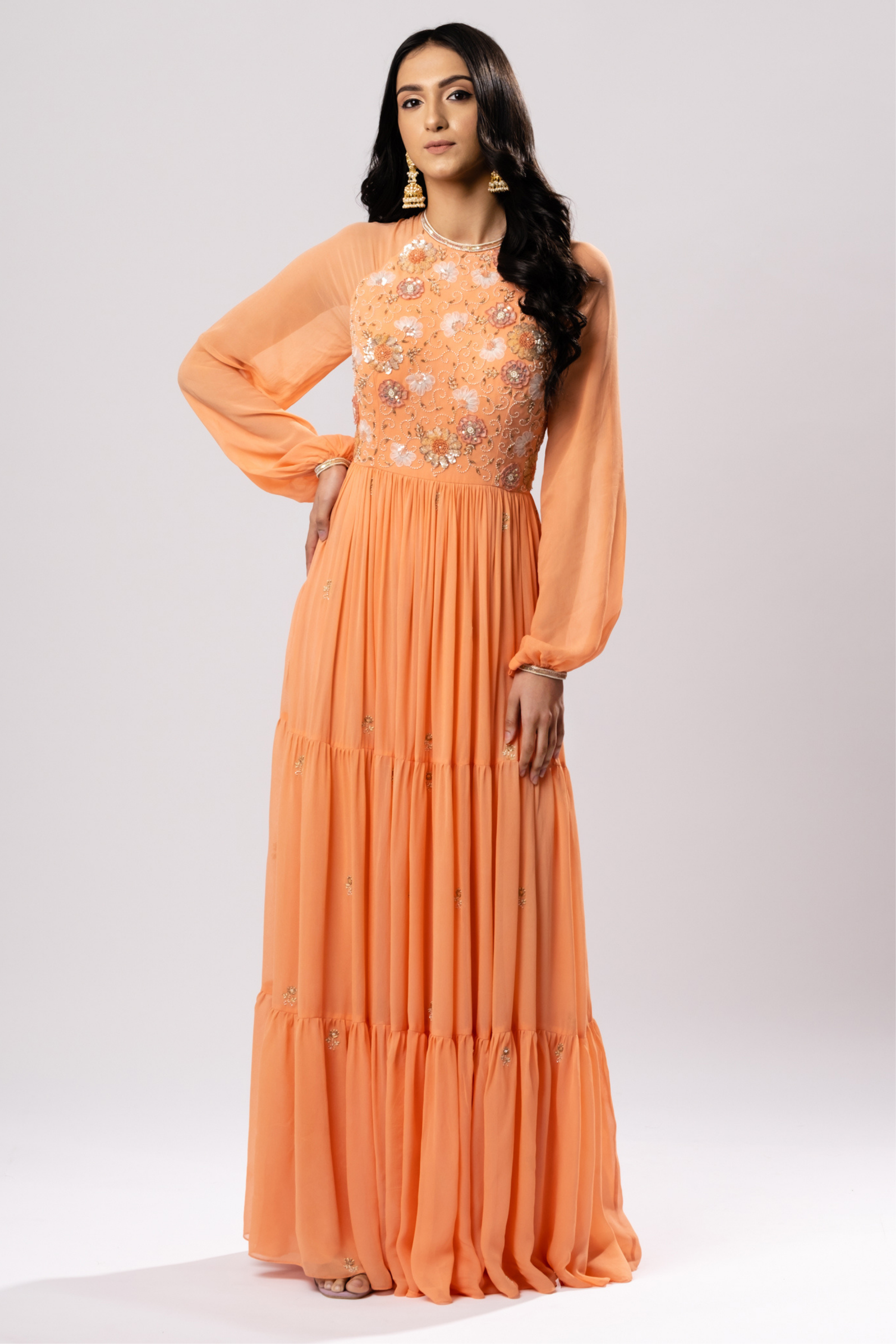 Peach Draped Gown with Embroidery