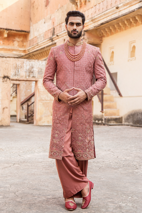 Coral Pink Embroidered Men's Sherwani Set