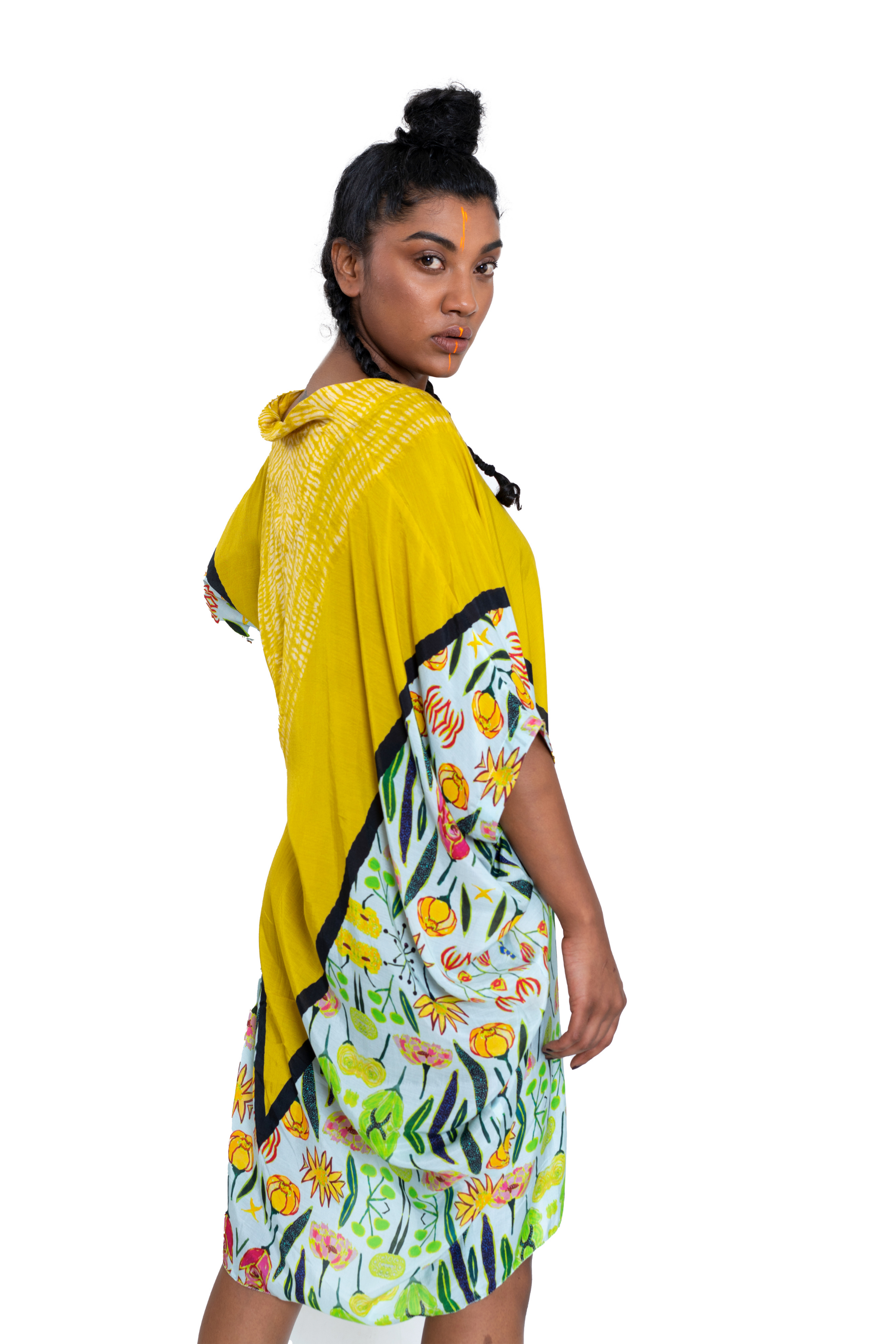 Yellow shibori floral kaftan dress