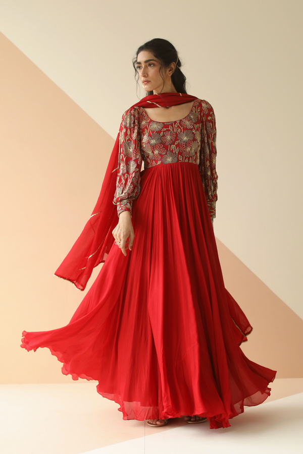 Red Embroidered Anarkali with Dupatta