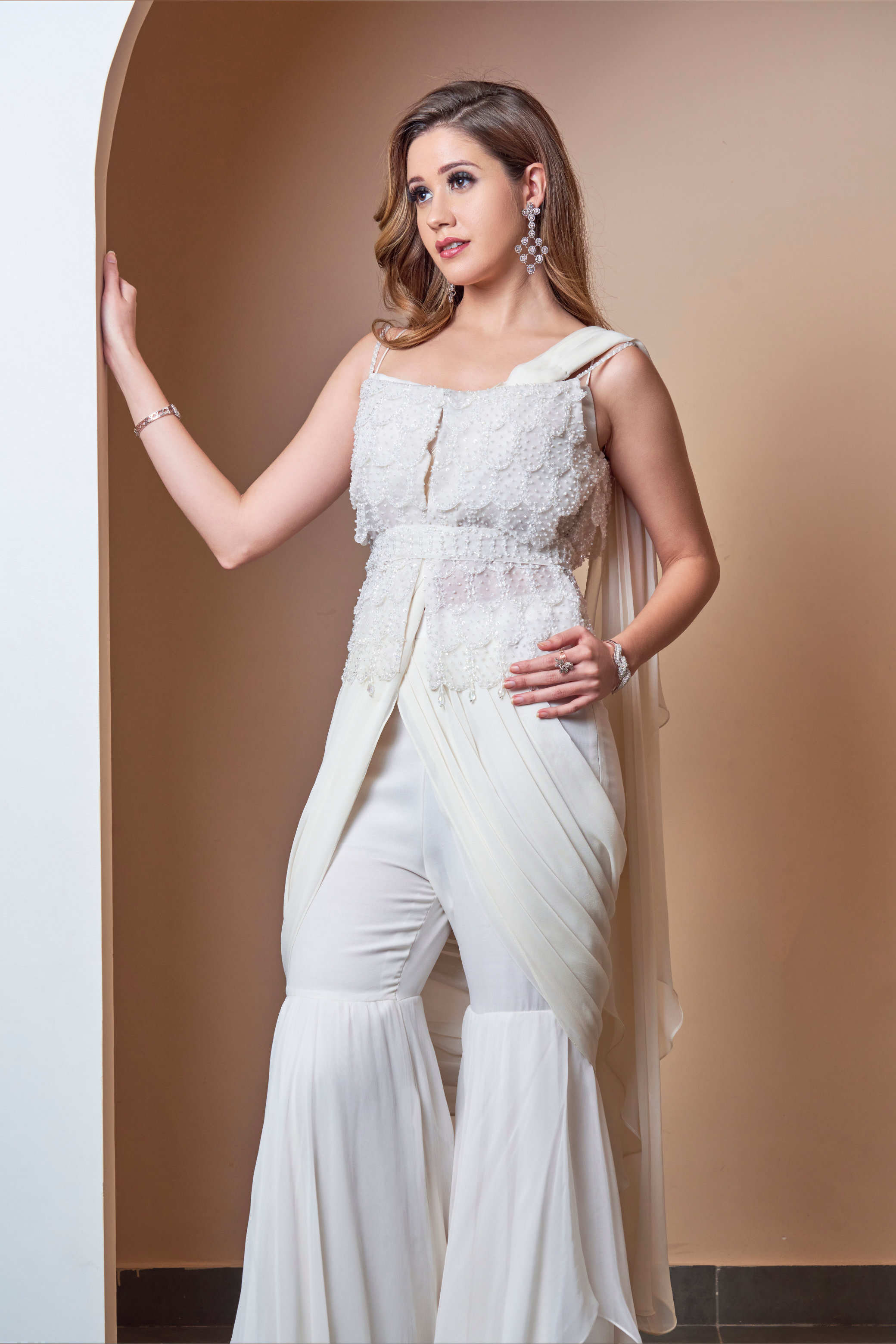 Off-White Georgette Pant Saree