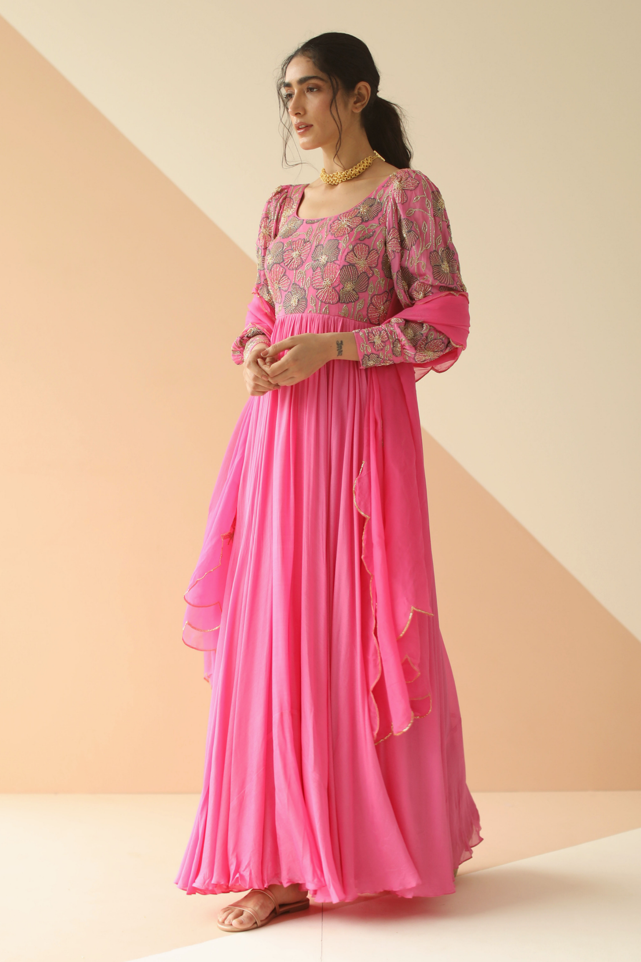 Pink Embroidered Anarkali with Dupatta