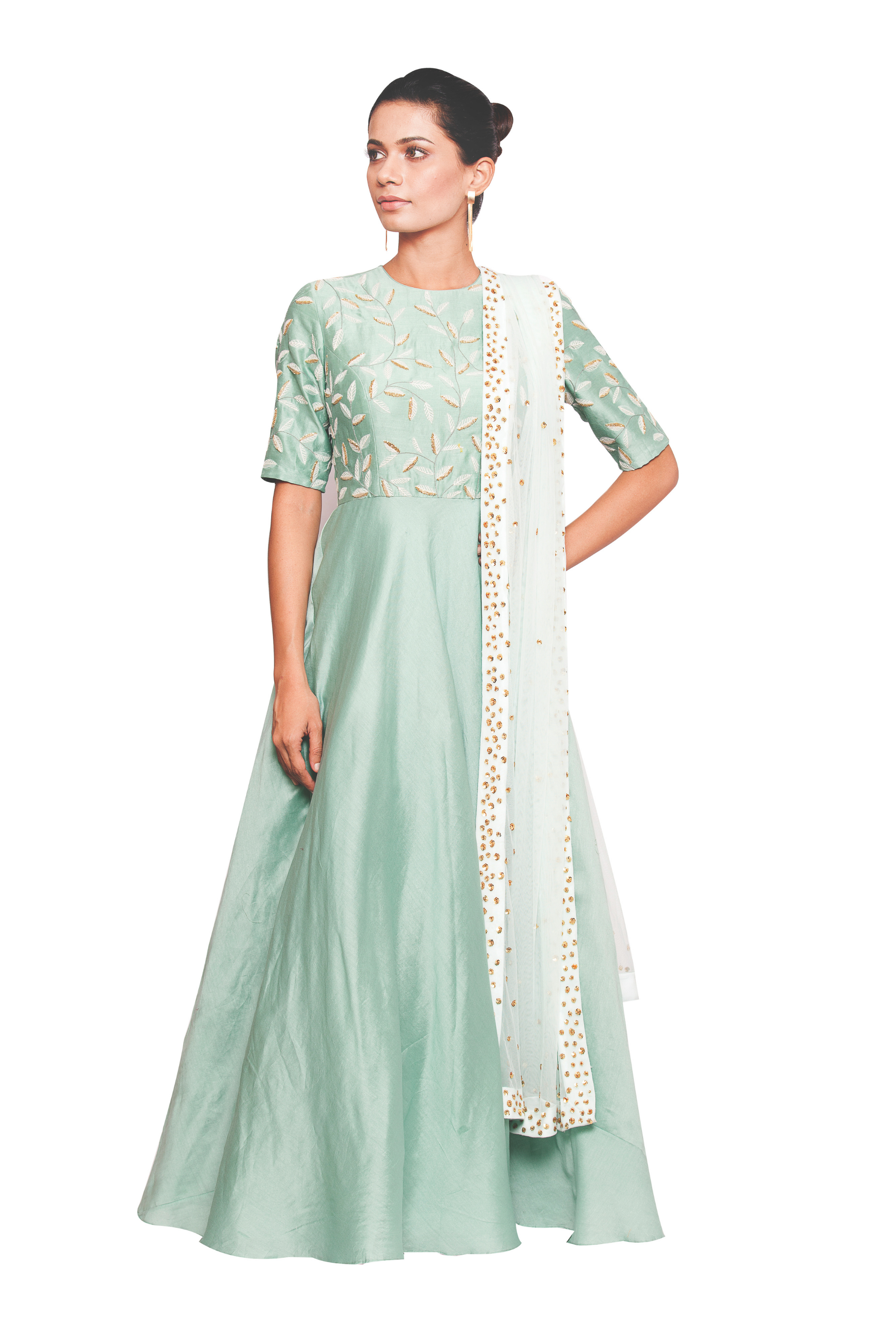 sea green Anarkali embellished with cut dana leaves paired 