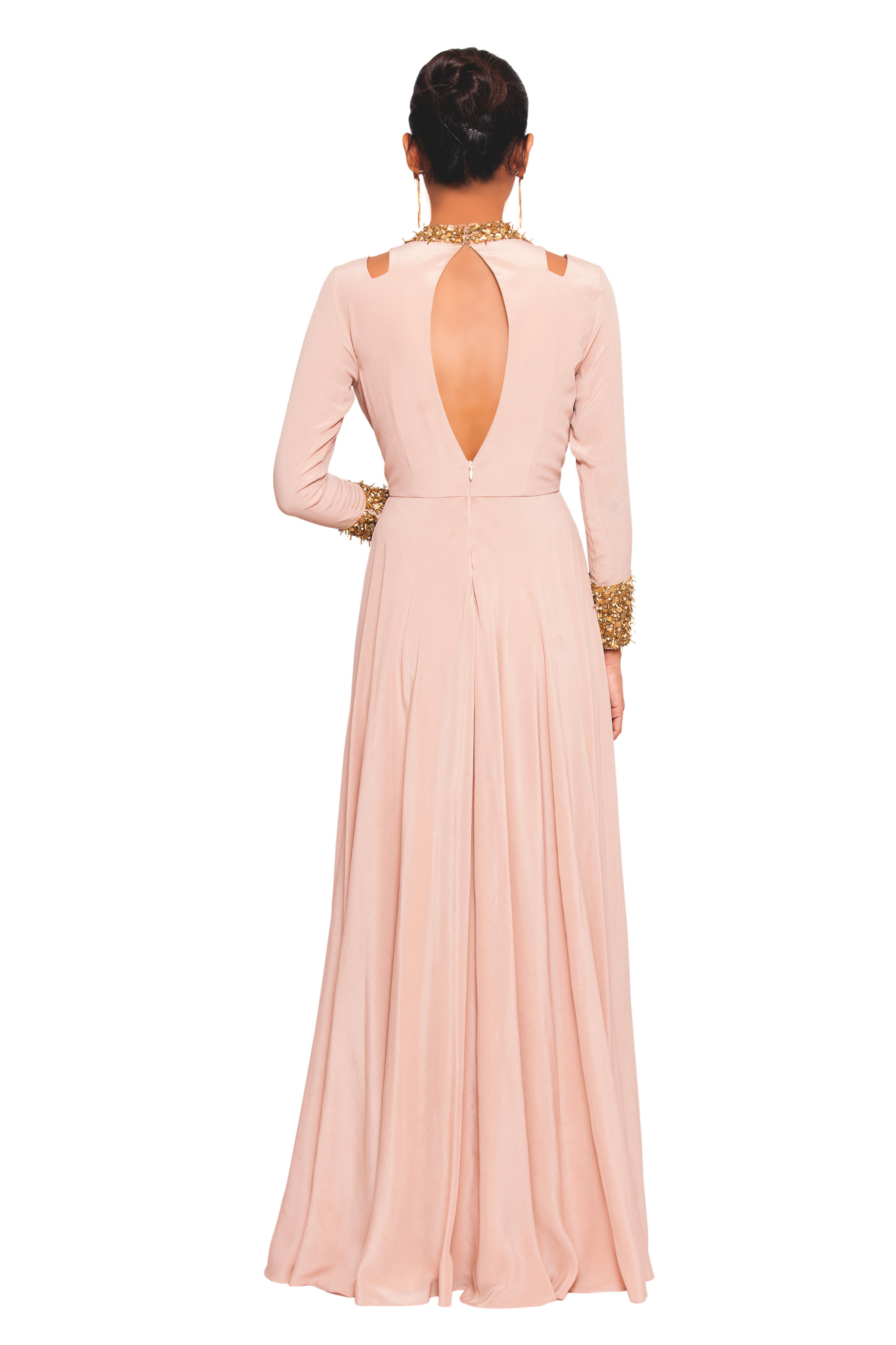blush pink gown embellished with gold and bronze mettalic nalki 