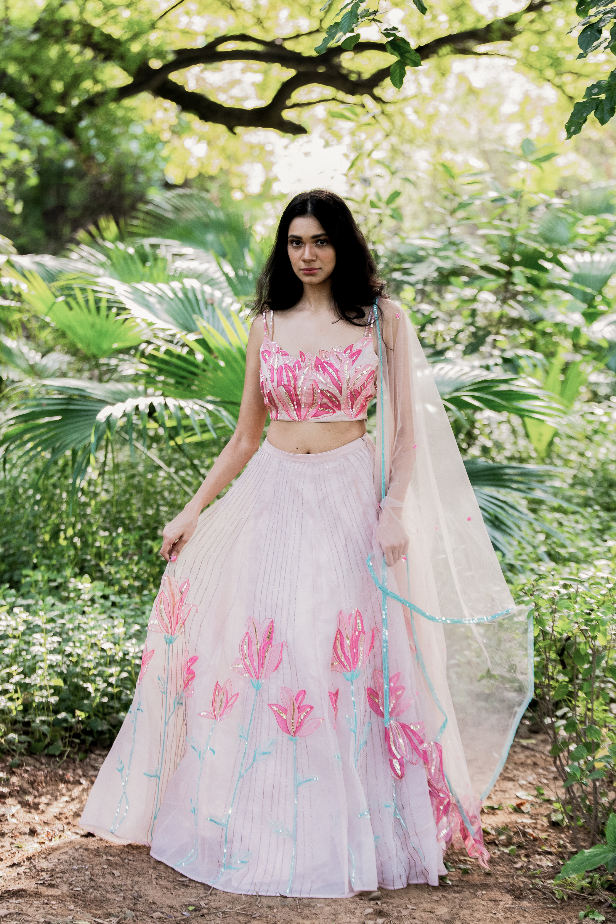 This set features a rose water pink  hand embroidered organza skirt set