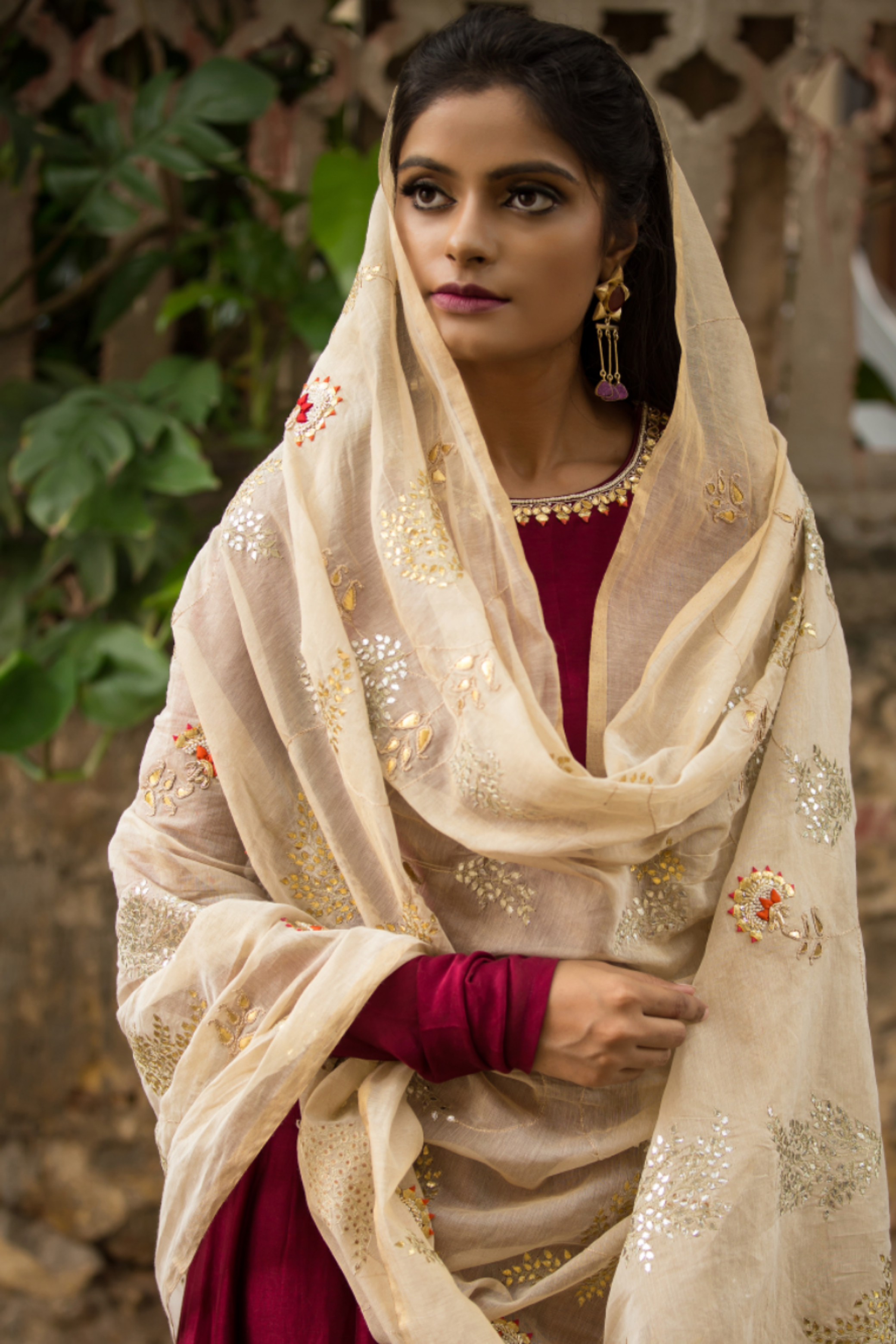 Marsala gown set in silk base with gota Patti hand work