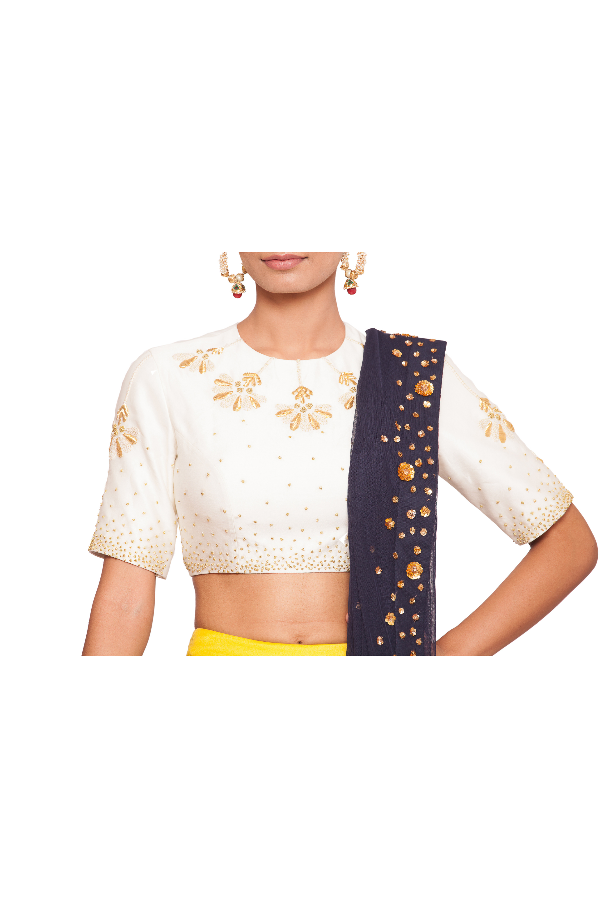  yellow embroidered skirt and blue dupatta with sequins work. 