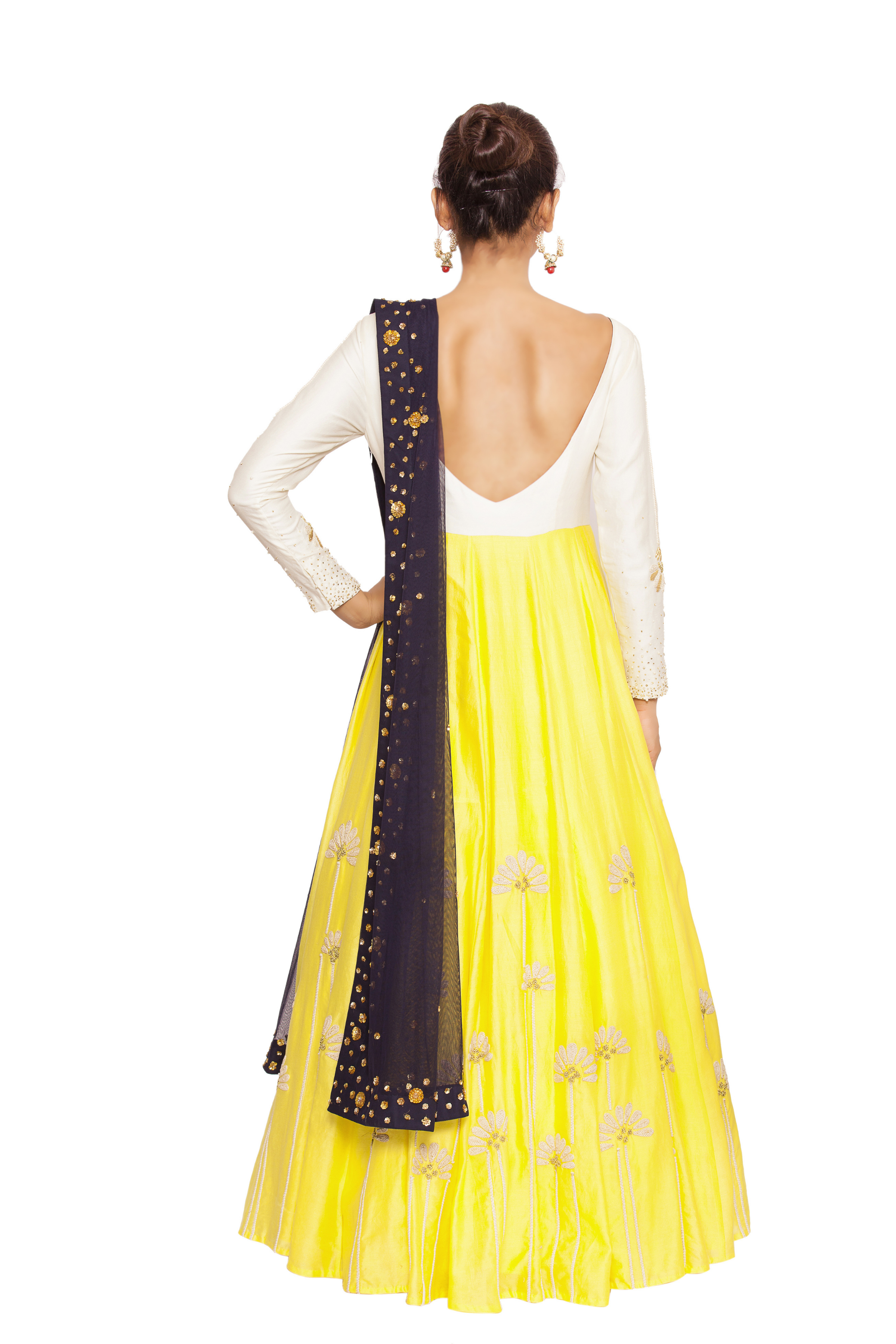 white and yellow Anarkali with pearl embroidery