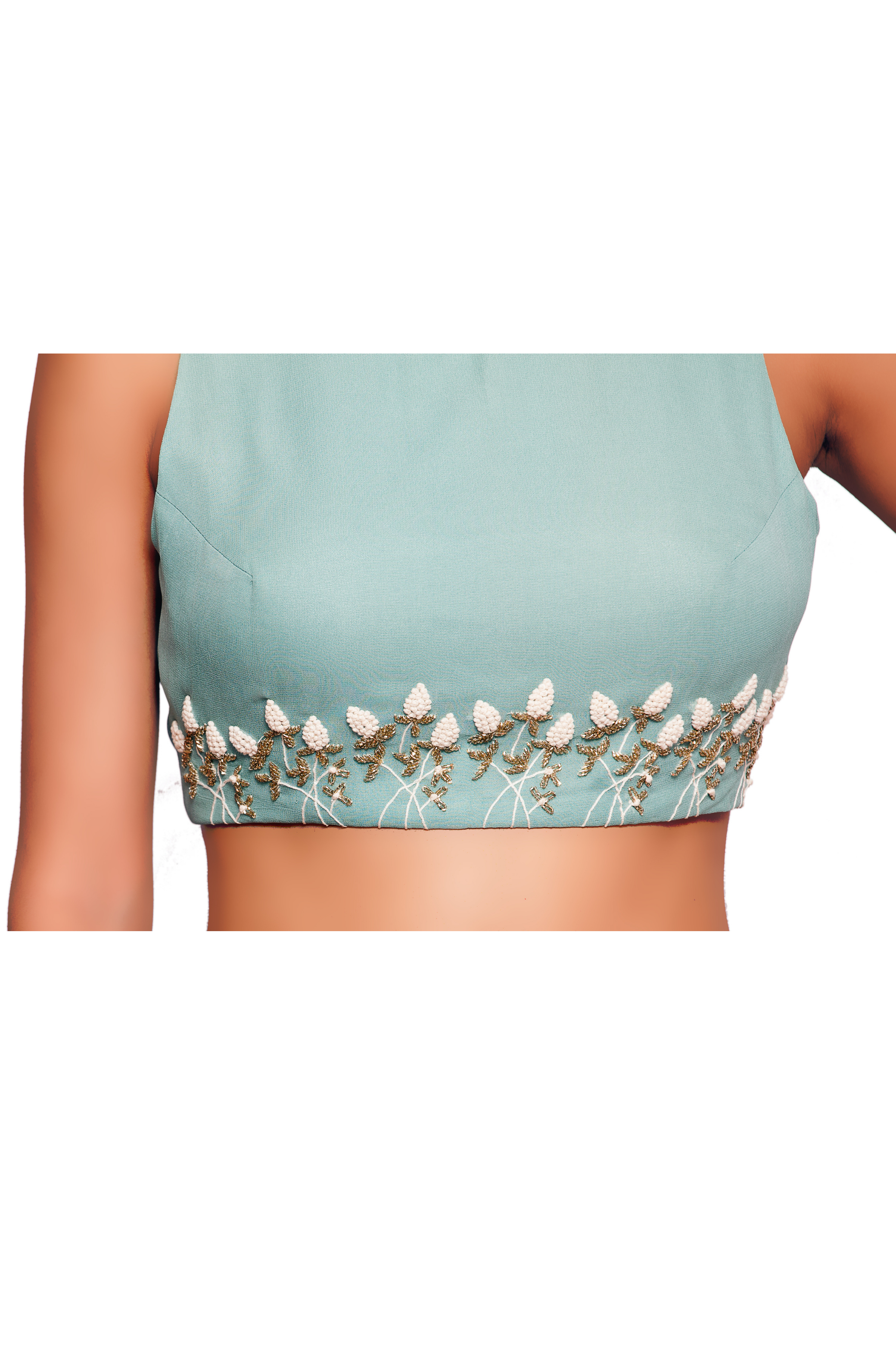The top is embellished with french knots and cut dana flowers.
