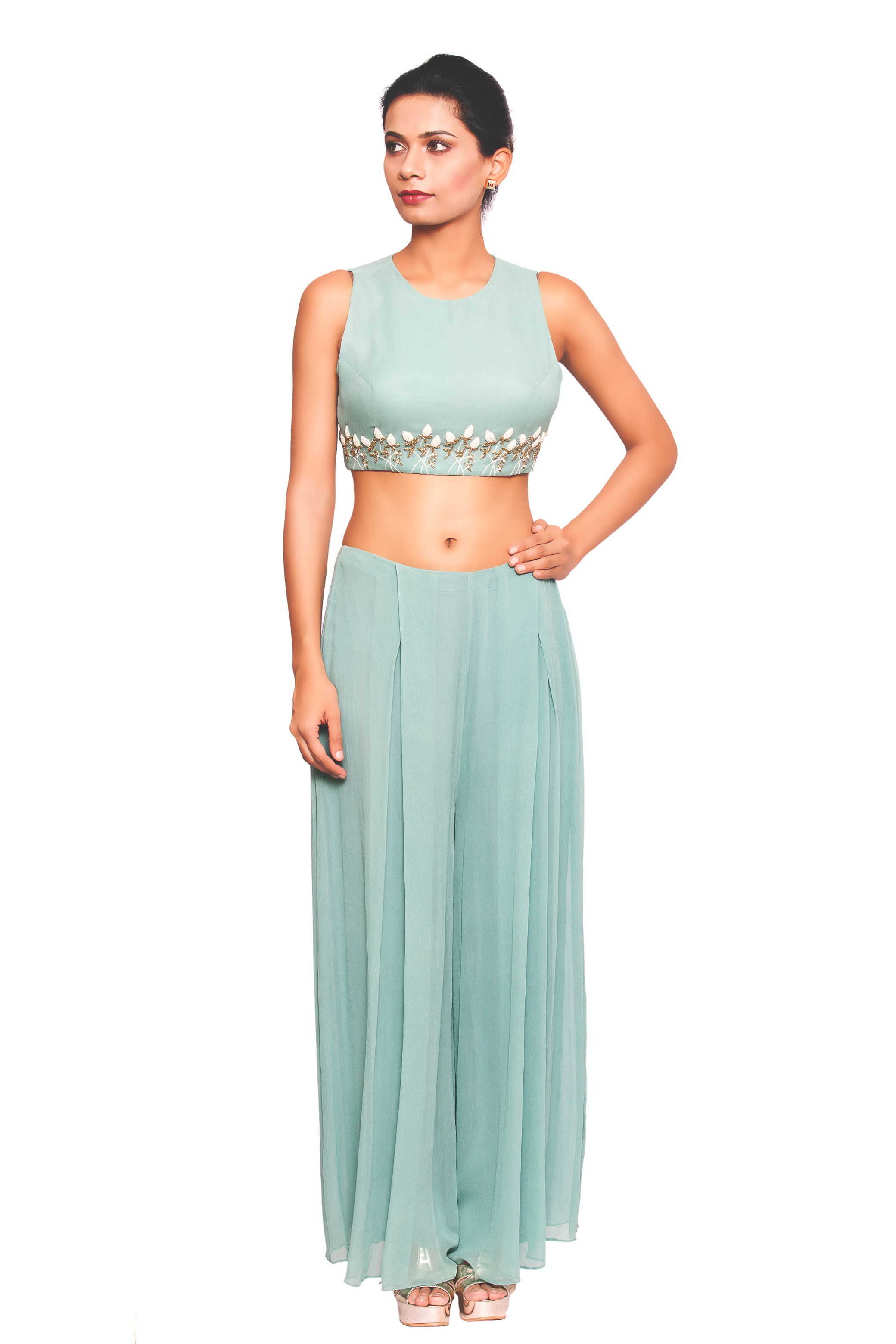 crop top and pleated pants in sea green color