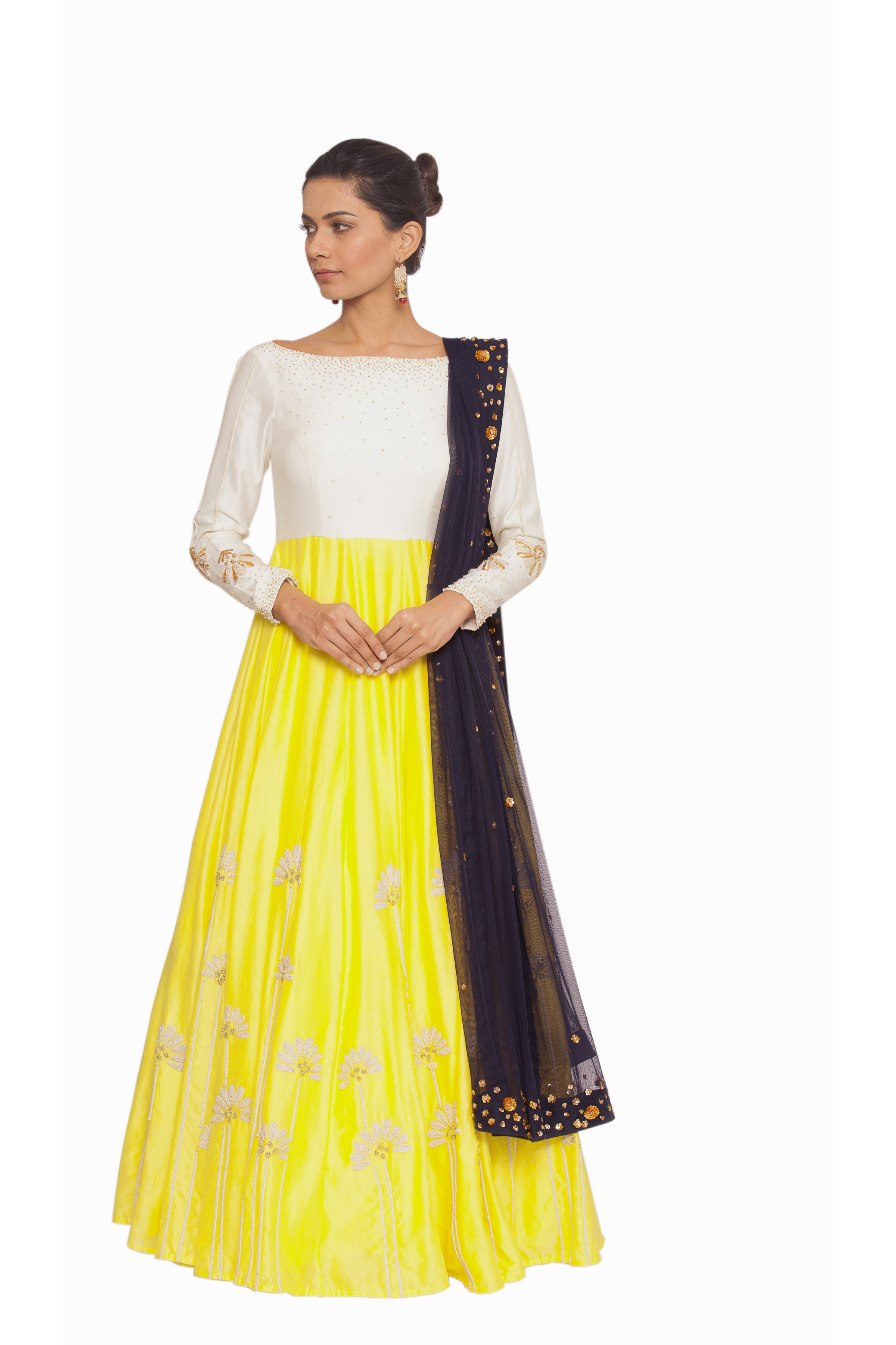 white and yellow Anarkali with pearl embroidery