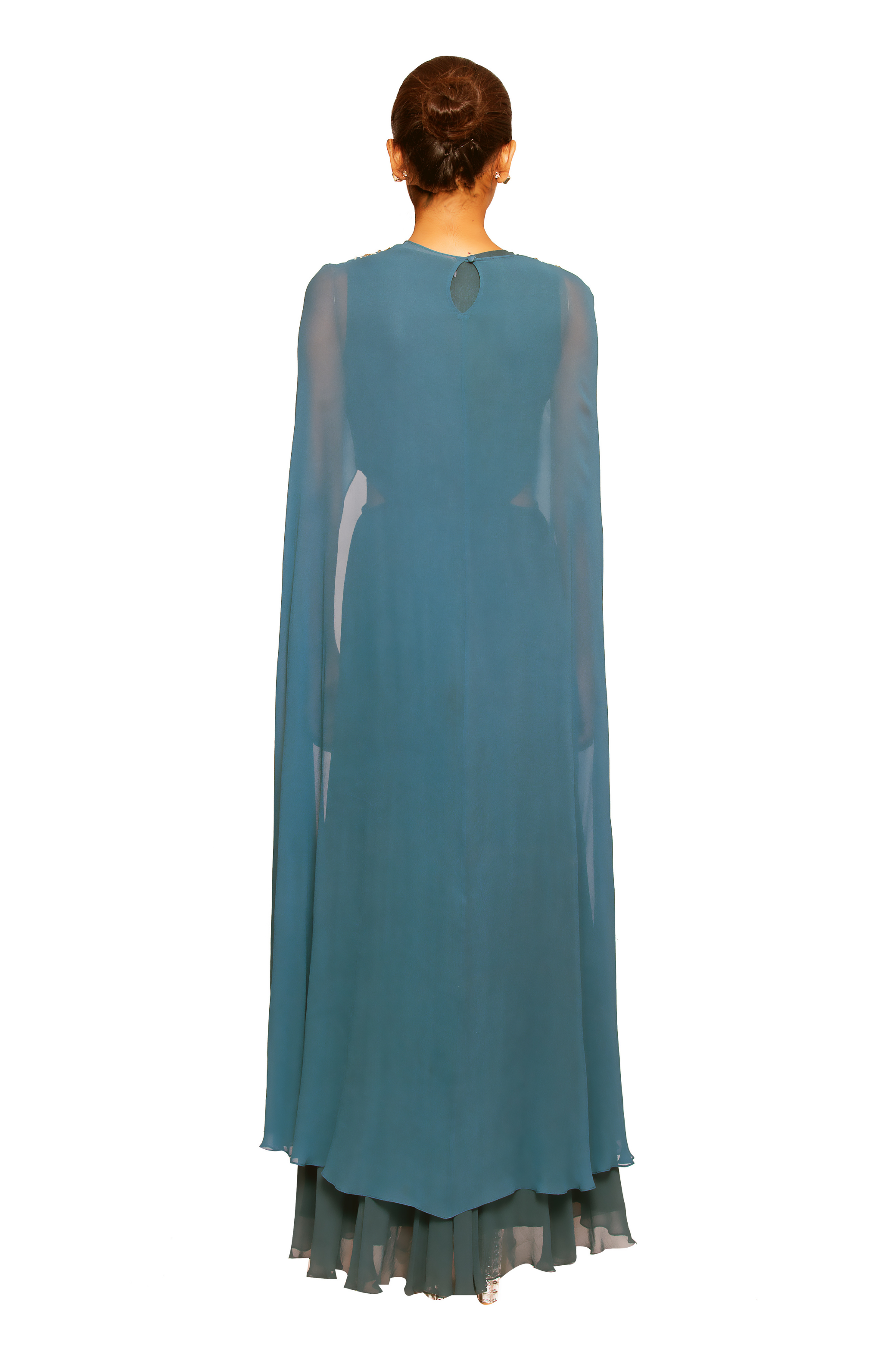 asymmetric gown in teal color,