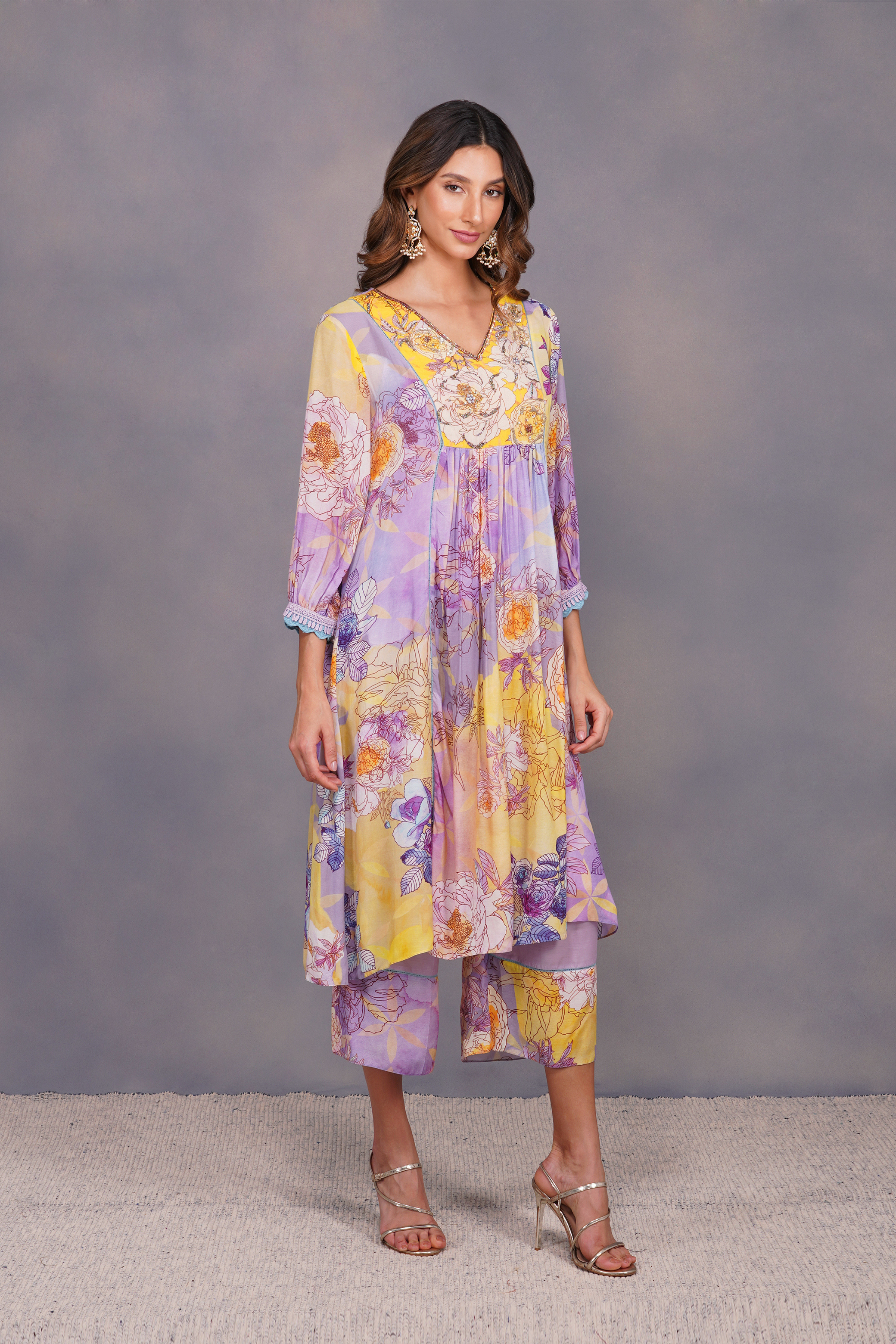 Lavender Printed Tunic and Flared Pant Set